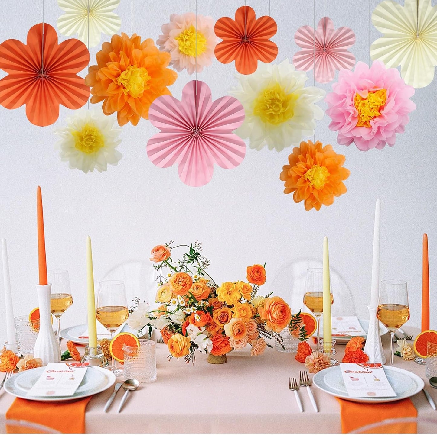 BestoFun 12PCS Paper Flowers Fans Pink Orange Party Decorations Tissue Paper Flowers Decorations for Girl Groovy Birthday Baby Shower Wedding Bachelorette Room Wall Hanging Décor