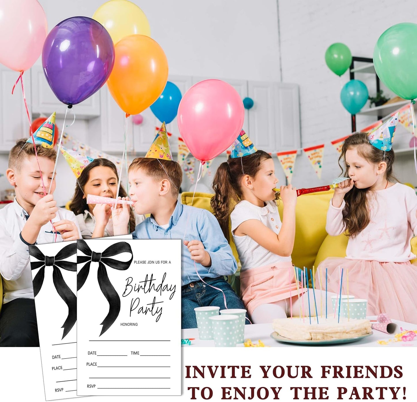 SIXEIGHT Black Bow Birthday Invitations, Black Ribbon Bow Birthday Party Invitations, 20 Party Invitations with Envelopes for Girls Boys, Birthday Party Favor & Decoration (4"x6")-A08