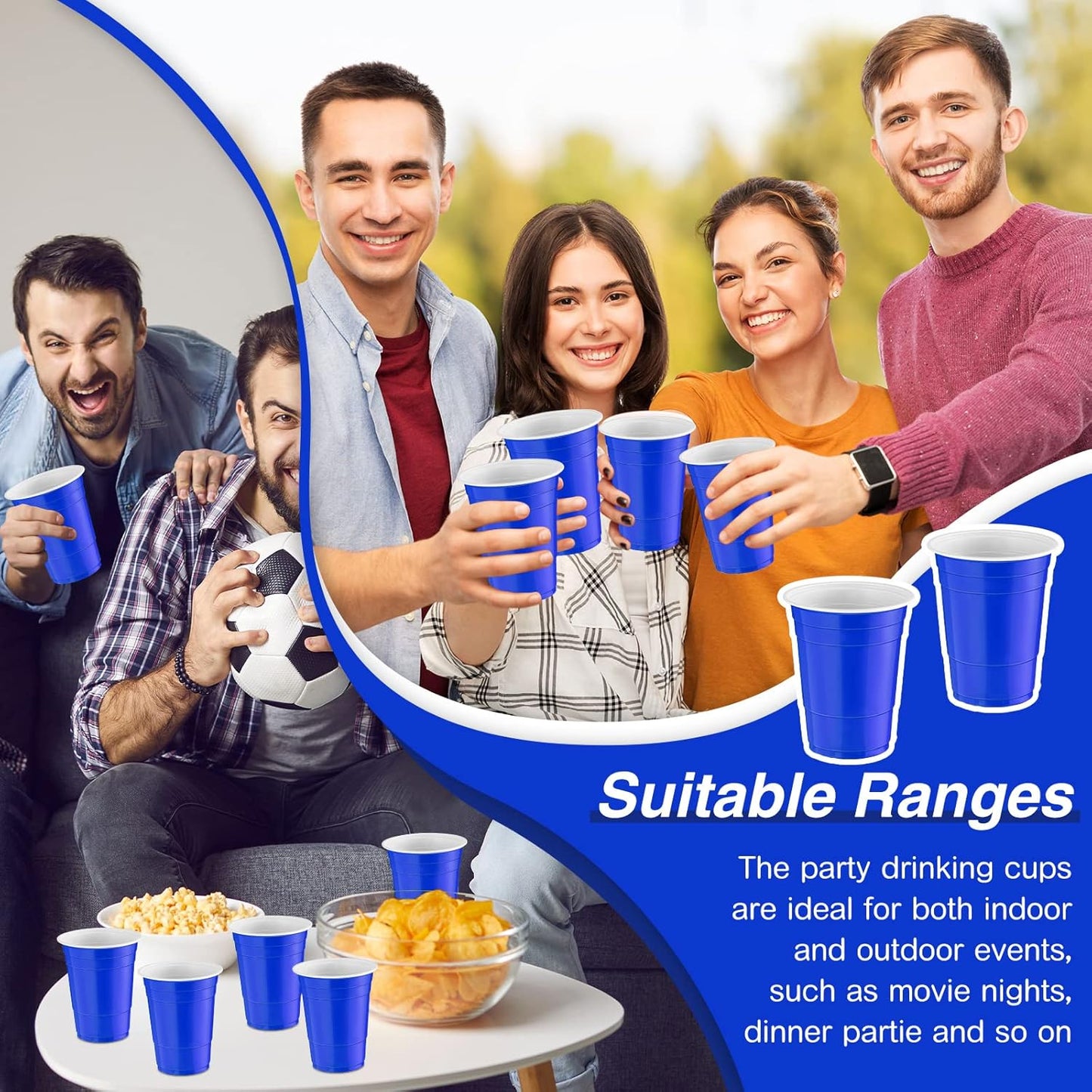 100 Pack 16 Ounce Halloween Plastic Party Cups Disposable Heavy Duty Drinking Water Cups for Holiday Christmas Festival Wedding New Year Party Supplies(Blue)