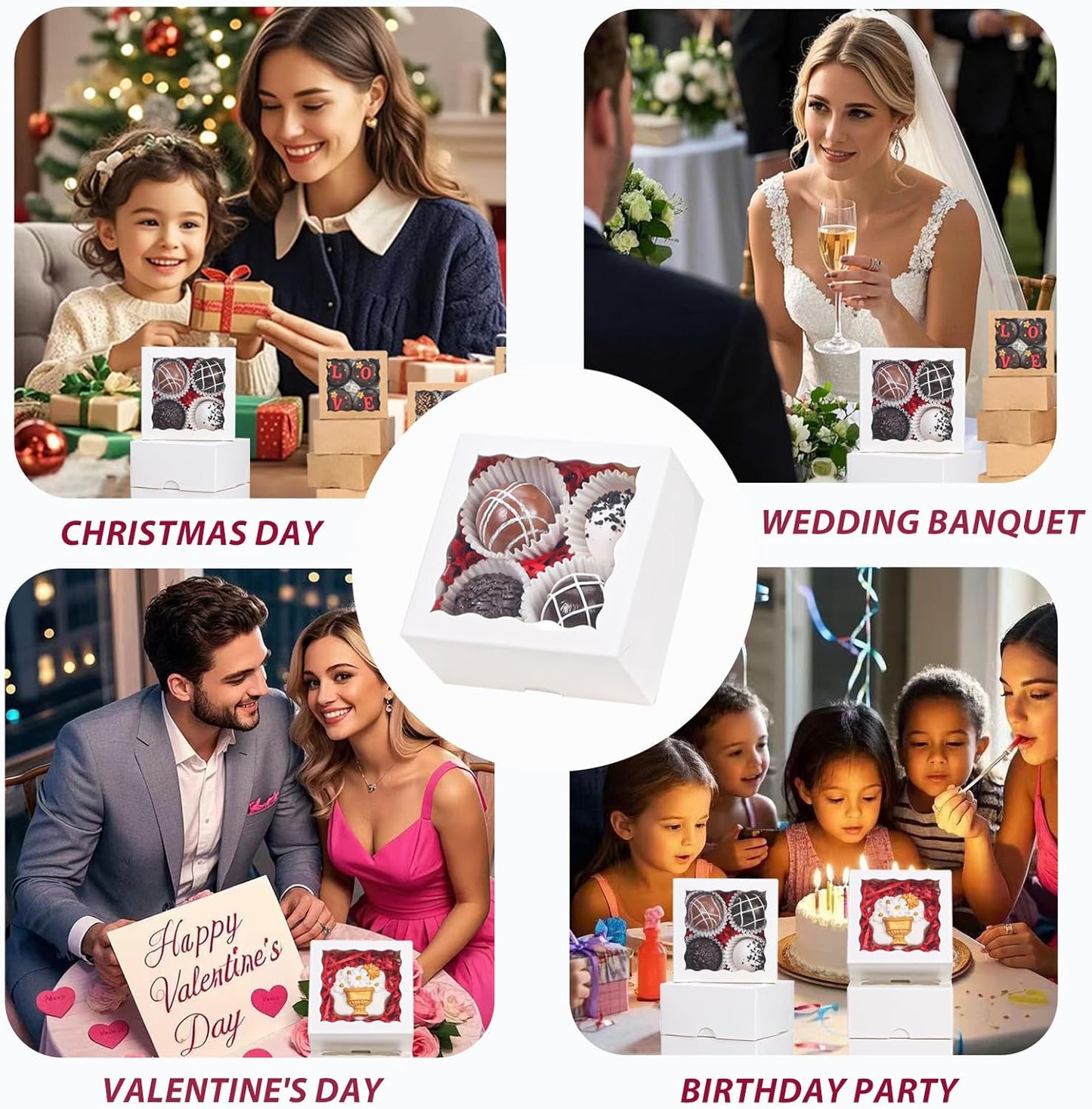 100-Pack 4X4X2 Elegant White Bakery Boxes - Treat/Cookie/Truffle Boxes for Mini Cakes, Pies & Cinnamon Rolls - Wedding Party Favor Packaging