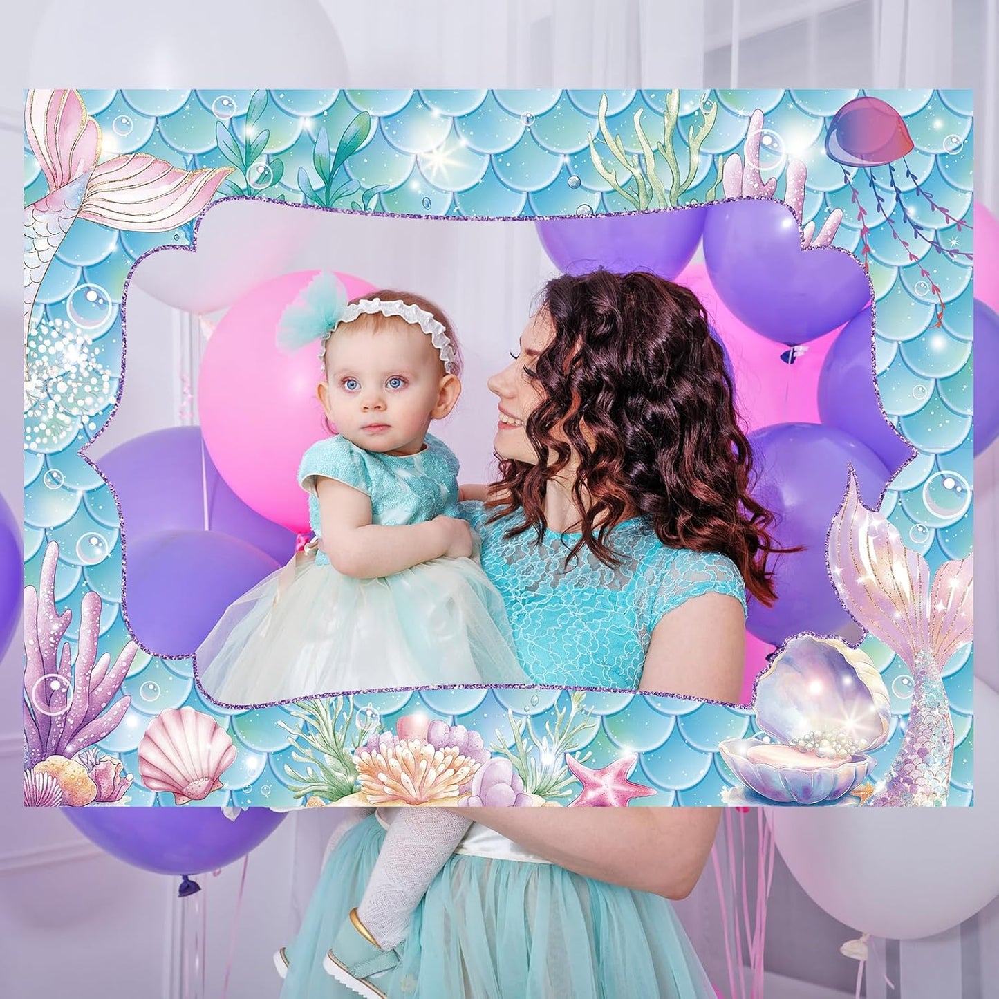 Upgraded 32 x 24 Inch Large Mermaid Photo Booth Props Picture Frame Vintage Photo Frame Friends Selfie Props for Halloween Carnival Christmas Wedding Mexico Party Favors(Mermaid Style)