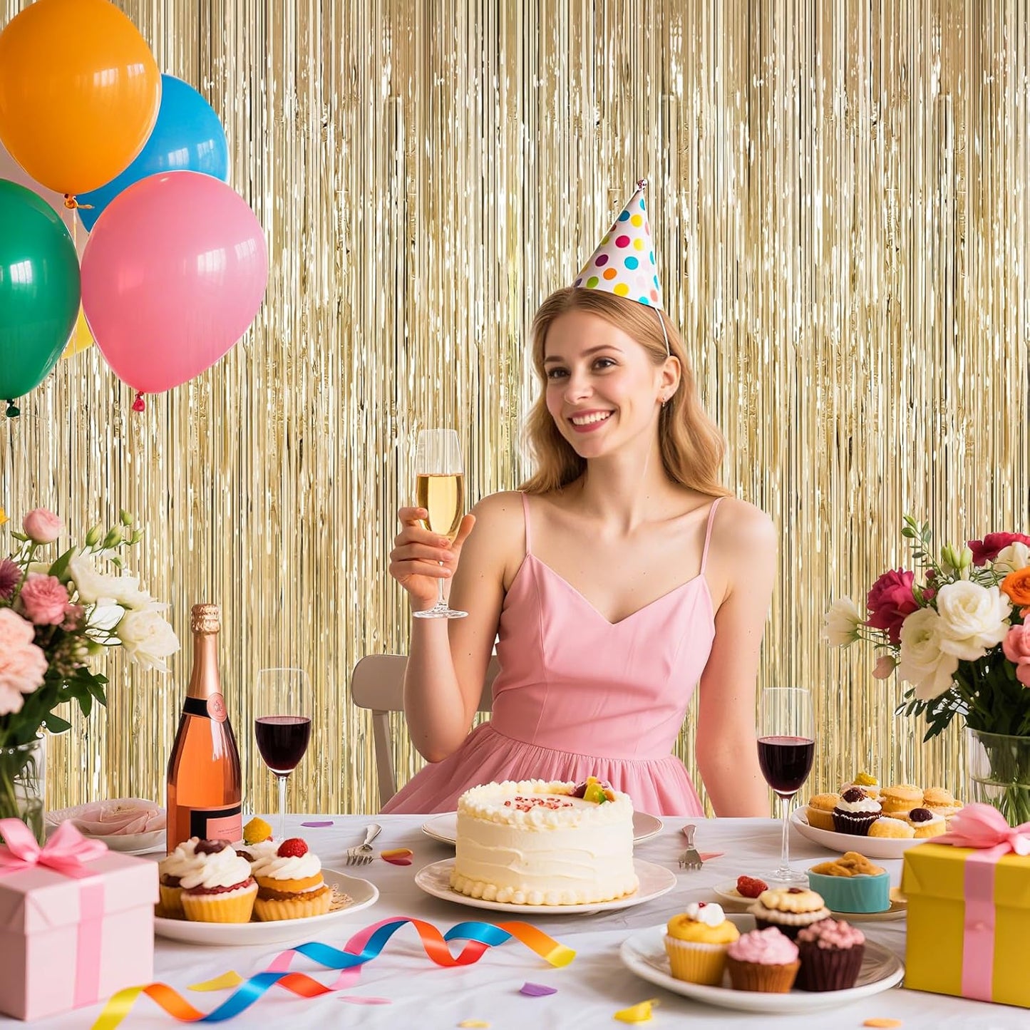 2Pack Champagne Gold Backdrop Birthday Decorations Foil Curtain Backdrop Gold Streamers Dance Party Decors Photo Booth Props for Bachelorette Decors Christmas Halloween New Years Eve Party Supplies