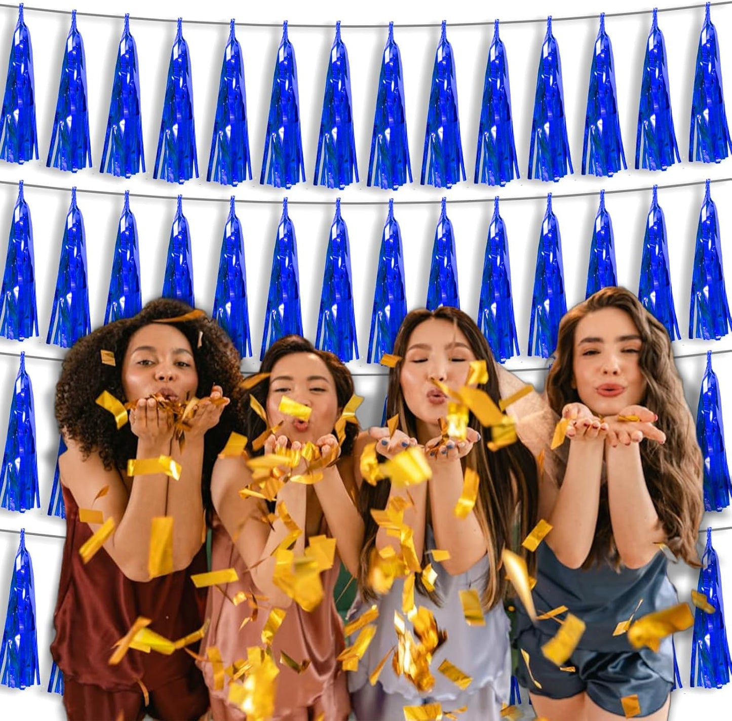4P Blue Foil Fringe Tassel Banner Garland Metallic Tinsel Streamers Wall Hanging Curtain Backdrop Banner for Parade Floats, 2024 Graduation Decorations, Retirement Party Decoration