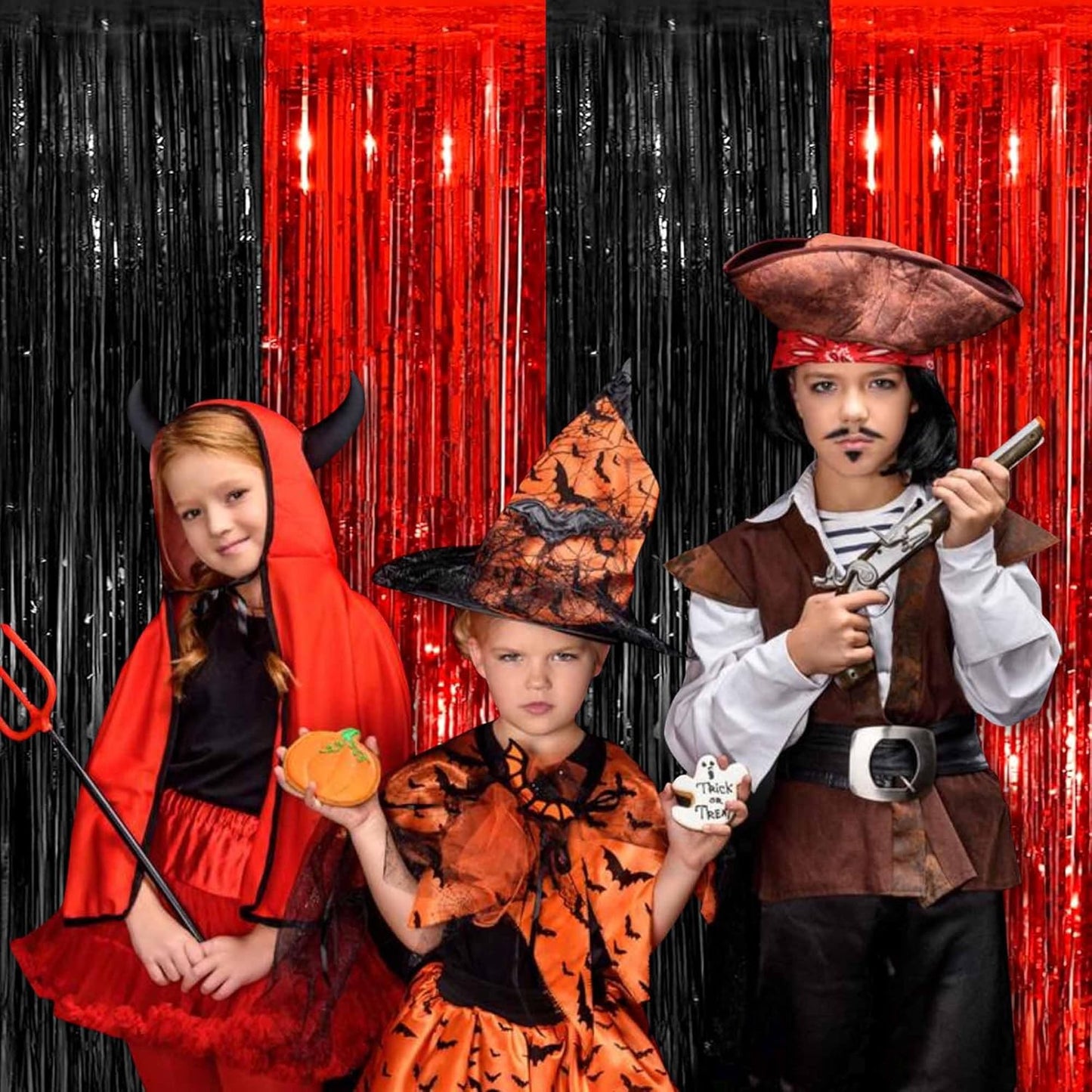 3 Pack Black and Red Foil Fringe Curtains Backdrop, 3.28 x 9.8 Ft Metallic Streamers Tinsel Curtains Background for Photo Booth, Birthday, Halloween, Christmas, New Year Party Decorations