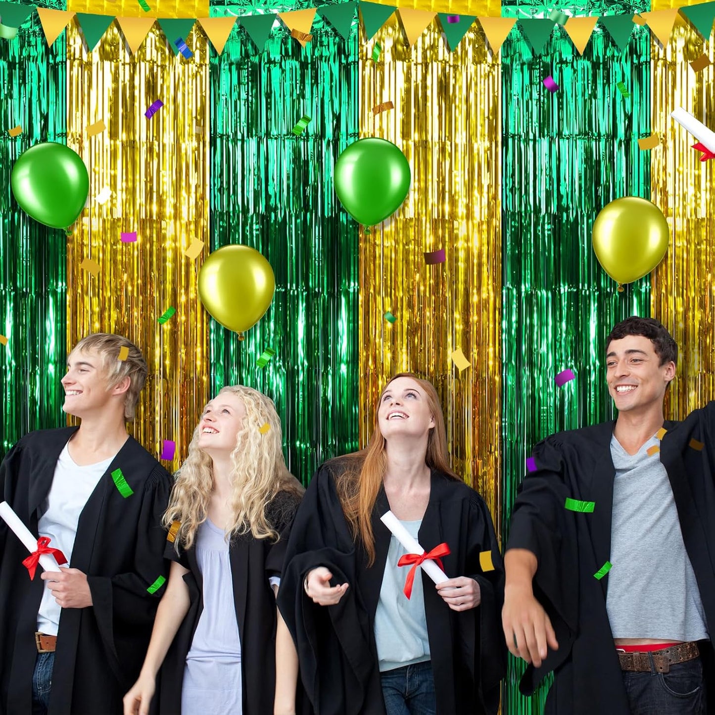 3Pack 3.3Ft x 6.6Ft Graduation Foil Fringe Curtain Backdrop Decorations, Green Gold Metallic Tinsel Foil Streamers Curtain Photo Booth Background for Graduation Prom Wedding Birthday Party Decoration