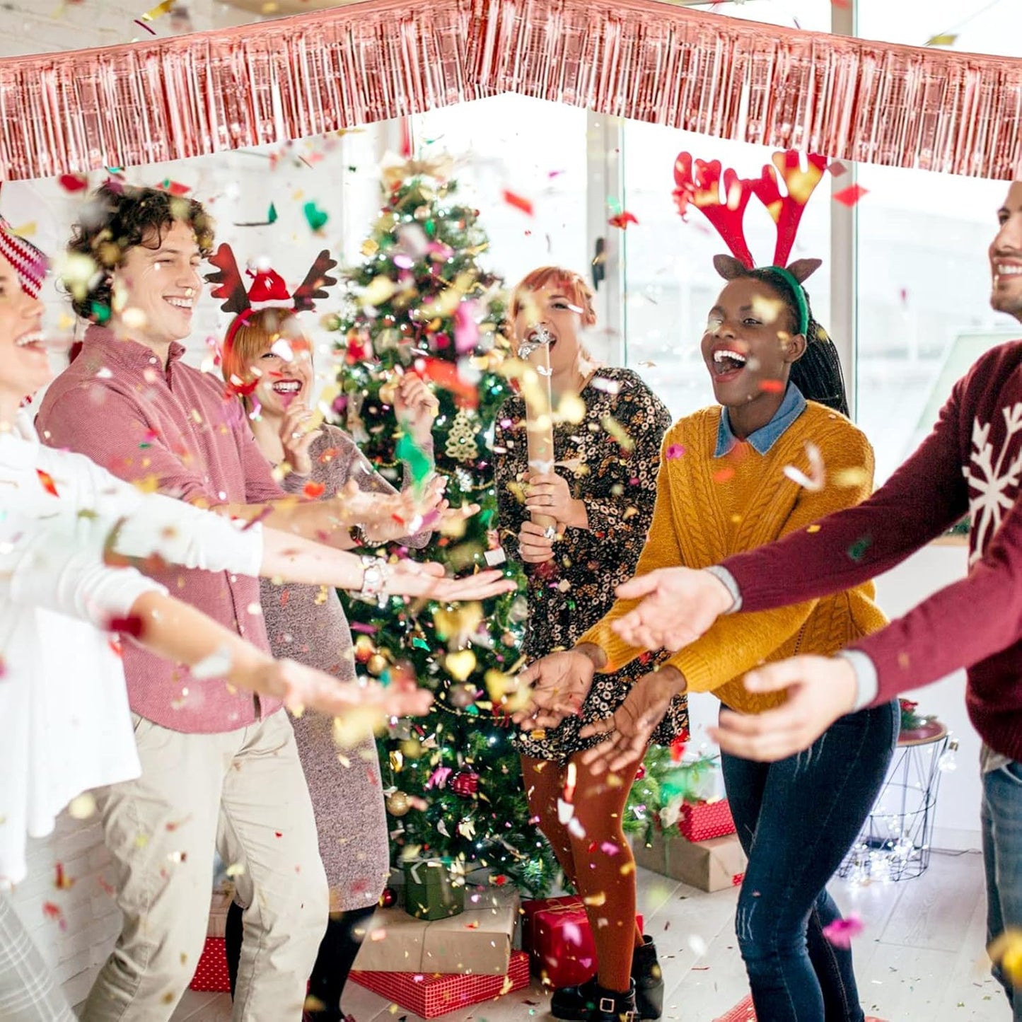 6 Pack 10 Feet Rose Gold Foil Fringe Garland Metallic Tinsel Streamers Banner Wall Hanging Curtain Backdrop Banner for Parade Floats, Thanksgiving, Christmas, Birthday, Halloween Party Decorations