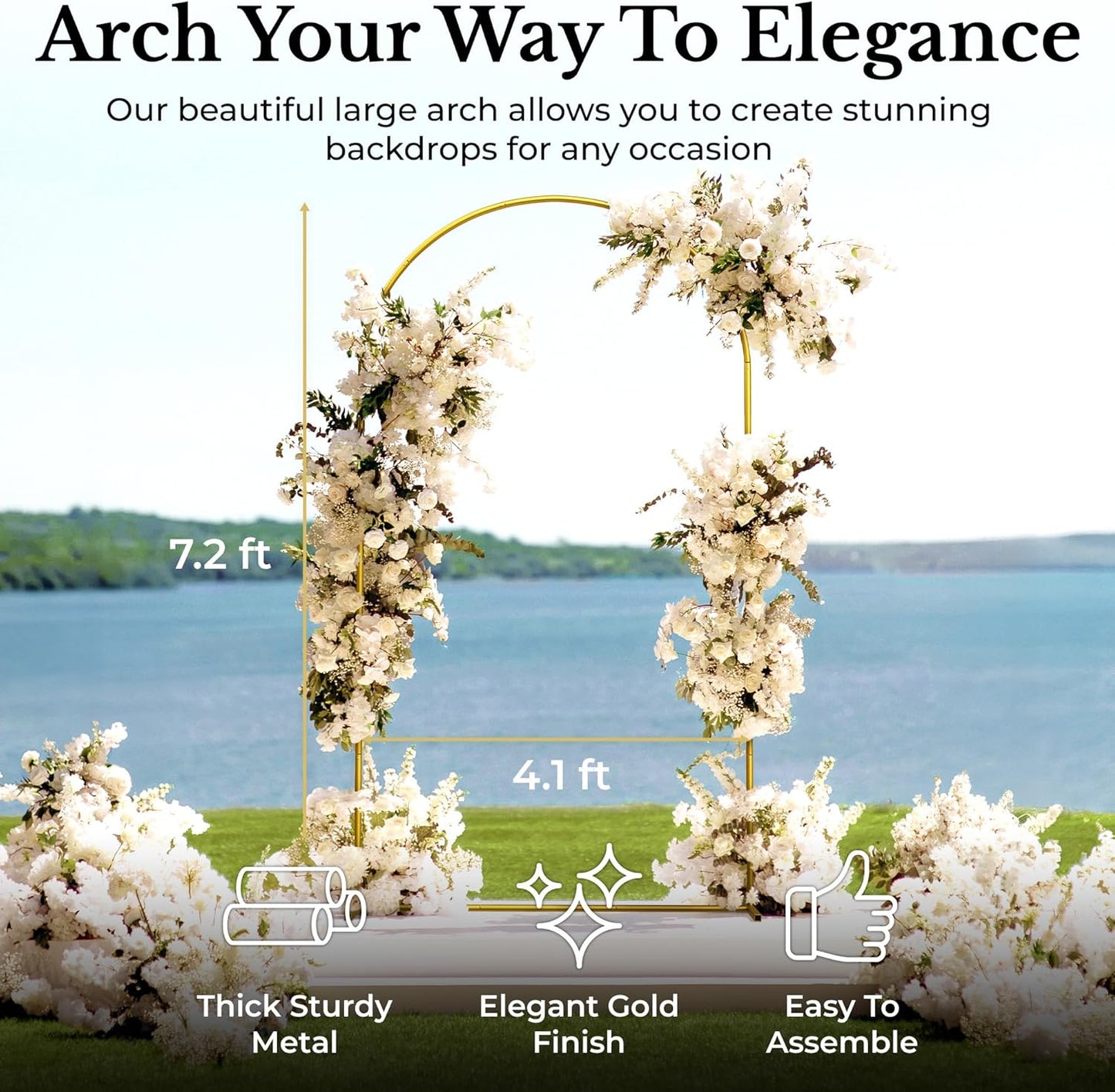 7.2FT Gold Wedding Backdrop Arch Stand with White Spandex Cover – Metal Frame, Water Weights & Storage Bag – Party, Birthday, Baby Shower, Bridal Shower, Wedding Ceremony, Photo Booth Decor