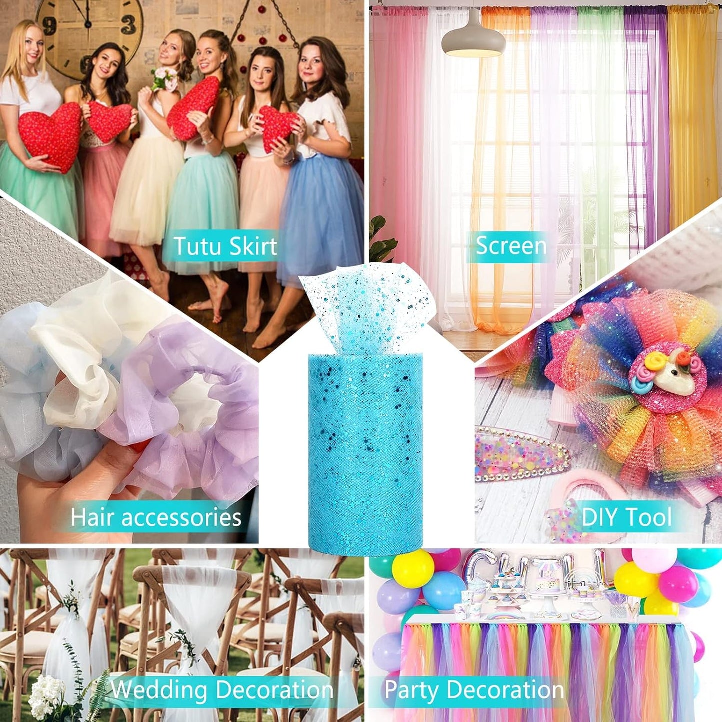 Glitter Tulle Rolls, 6” by 50 Yards (150FT) Sparkling Tulle Spool Ribbon Sequin Tulle Netting Fabric for Tutu Skirt Wedding Birthday Baby Shower (Light Blue)