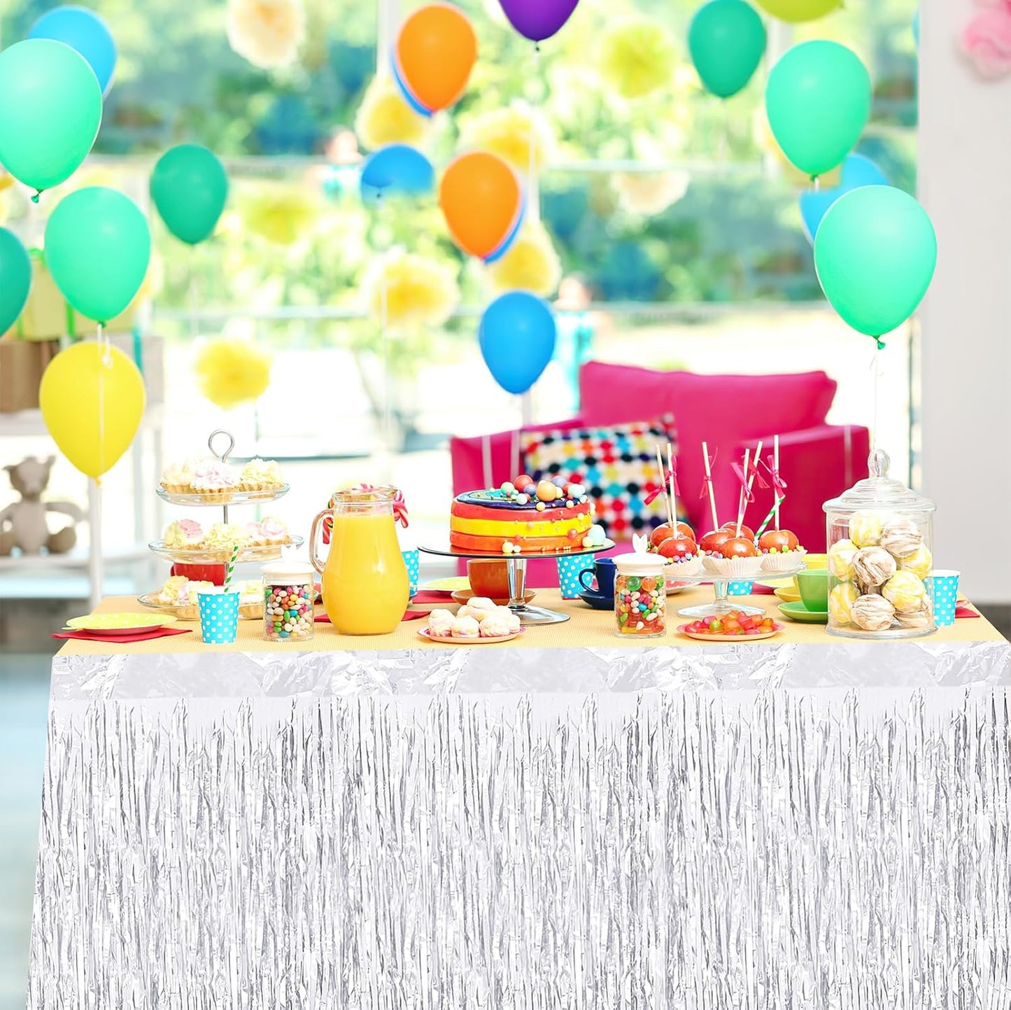 4 Pack 29.5x108 Inch Metallic Foil Fringe Tinsel Table Skirts, Streamer Garland Curtains Backdrop for Rectangle Tables Wedding Birthday Parade Floats Christmas Party Decoration(Silver)