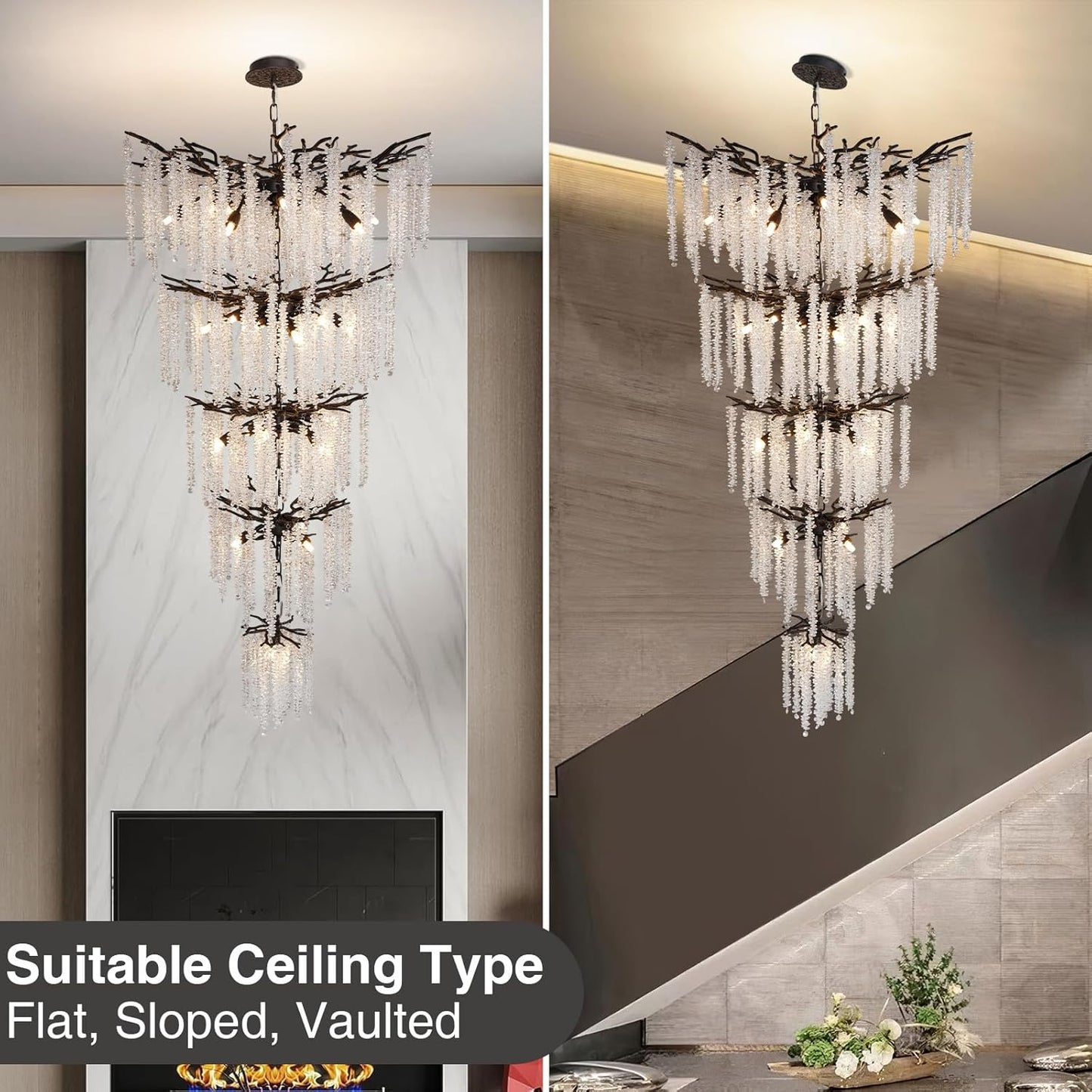 118'' Black Branch High Ceiling Chandelier, 28-Light Modern Long Tree Chandeliers, 3CCT Dimmable, Large Luxury Foyer Chandelier, Raindrop K9 Crystals Fixtures for Staircase, Entryway, Living Room