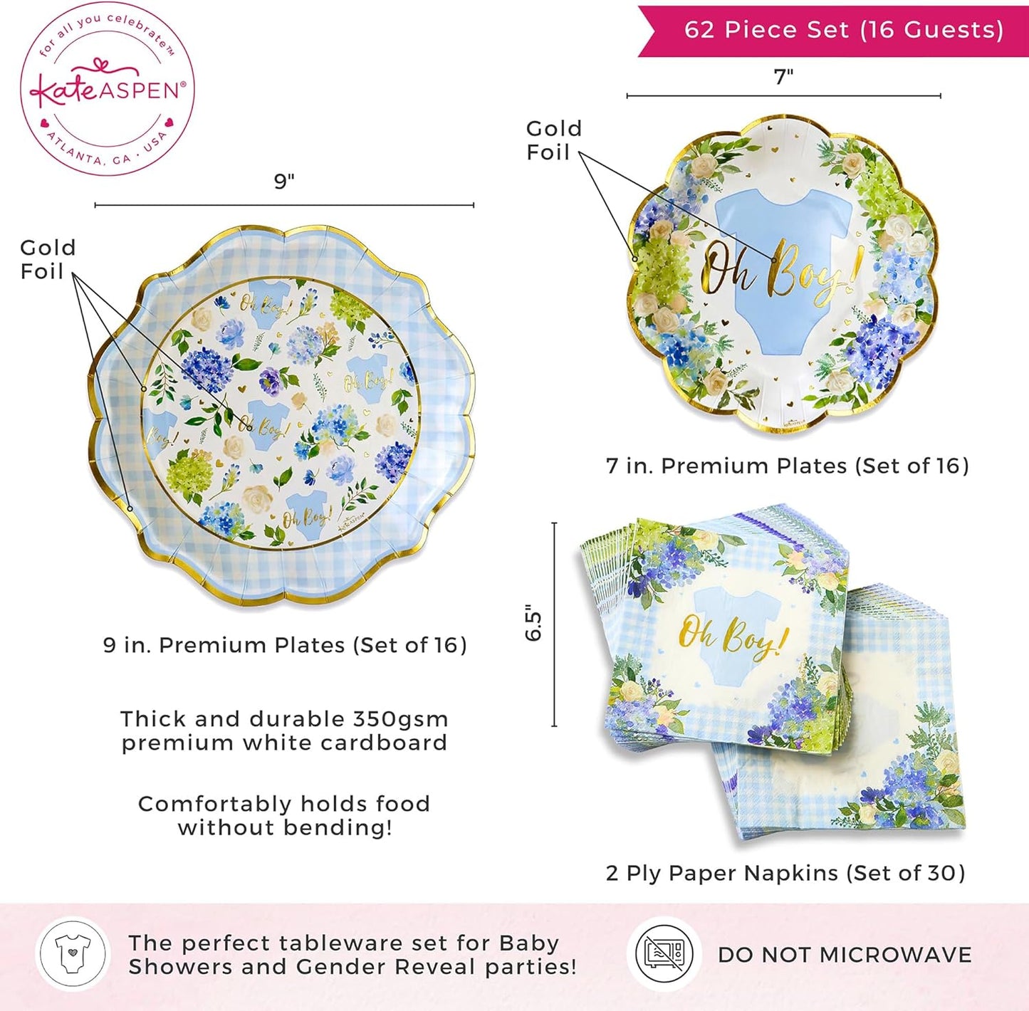 Kate Aspen Baby Shower Onesie Blue Floral & Gingham Tableware Set - 62pc. 16pcs 7 inch & 16pcs 9 inch Heavy Duty Disposable Party Plates, 30pcs 6.5 inch Durable Paper Napkins