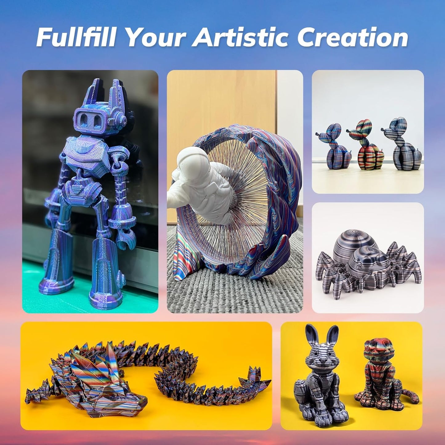 AMOLEN Silk PLA 3D Printer Filament, Shiny Multicolor Rainbow PLA Filament 1.75mm, Fast Color Change PLA 3D Printing Filament for Most FDM 3D Printer, Blue Red Yellow, 1kg (2.2lbs)