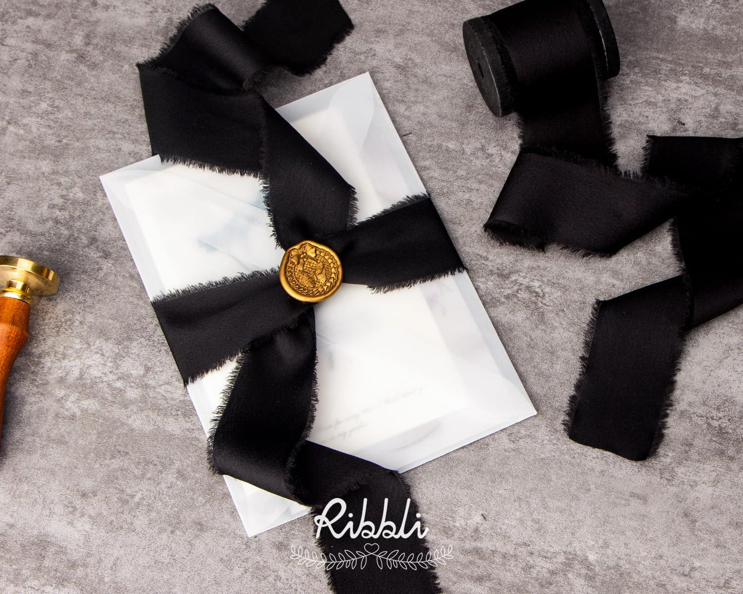 Ribbli Black Silk Satin Ribbon 1.5 Inch x 12 Yard Handmade Frayed Chiffon Ribbon with Wooden Spool for Gift Wrapping, Wedding Invitations, Bridal Bouquets & Home Decor