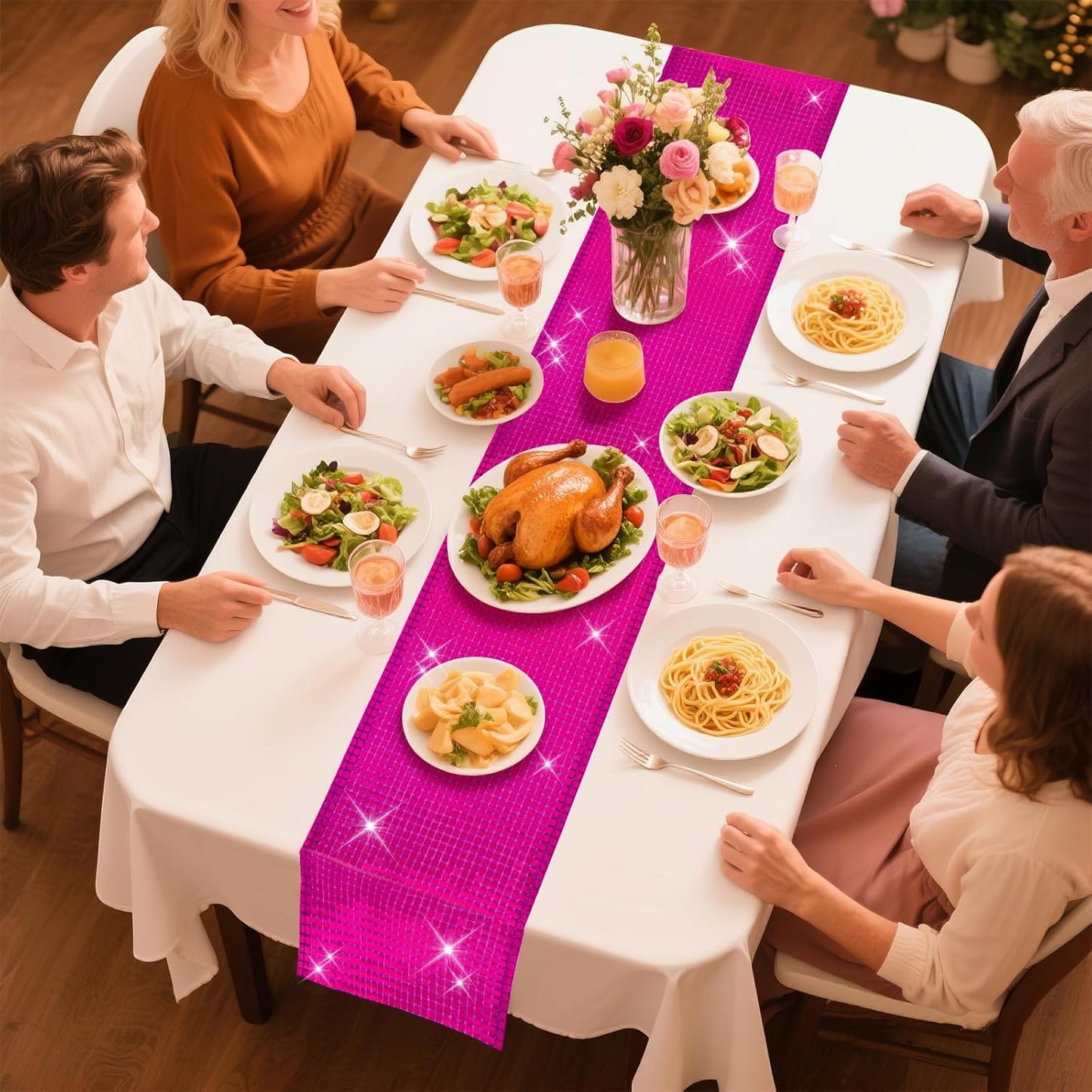 SquarePie Disco Table Runner 6 Pack - Hot Pink Mirror Sequin Glitter Foil Runner for Disco Party Decor Retro 70s 80s Theme, Bachelorette Birthday Dance Decoration 12x108 Inch