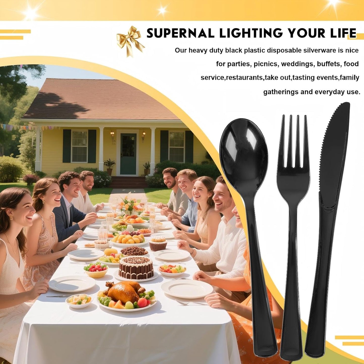 Supernal 300 Pieces Black Plastic Silverware Disposable Cutlery Black Disposable Silverware Heavy Duty Plastic Cutlery Set 100 Forks 100 Knives 100 Spoons for Wedding Party Supplies Everyday Use