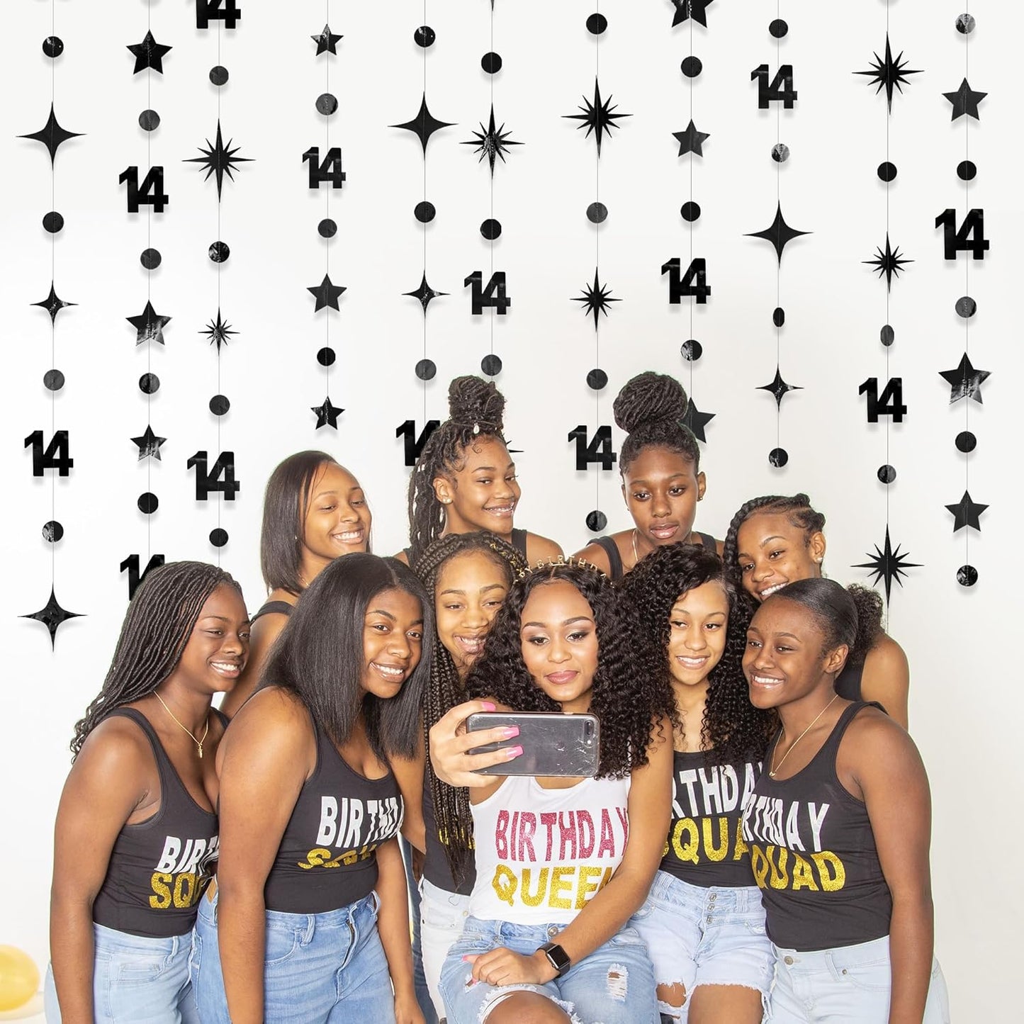 Black 14th Birthday Decorations Number 14 Circle Dot Star Garland Metallic Hanging Streamer Banner Backdrop for Girls Boys Happy 14 Years Old Fabulous Birthday Fourteen Anniversary Party Supplies