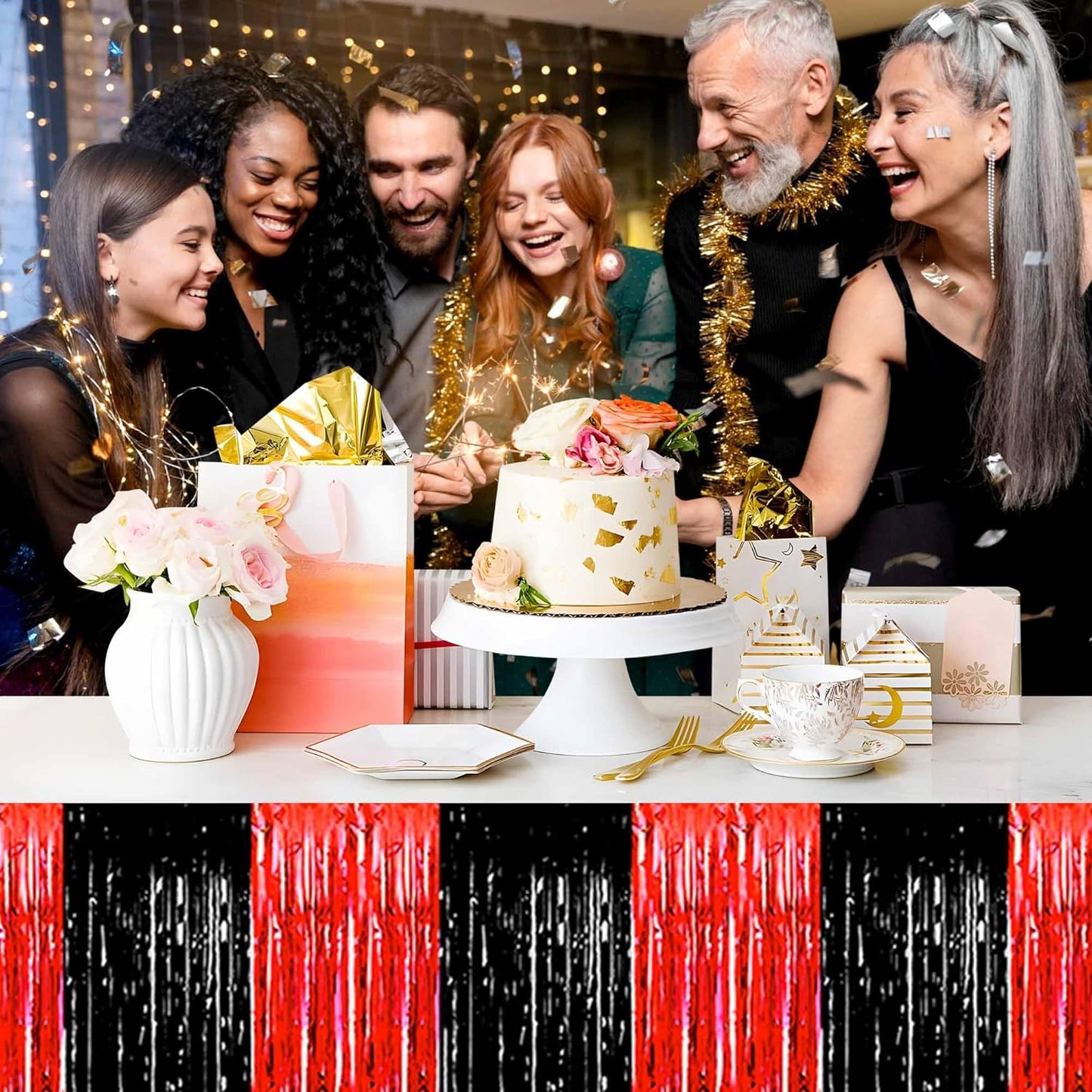 3 Pack 29 x108 Inch Black and Red Foil Fringe Table Skirts Metallic Banner for Tinsel Streamer Garland Backdrop for Parade Floats Mother's Day, Graduate, Birthday, Wedding Party Decoration