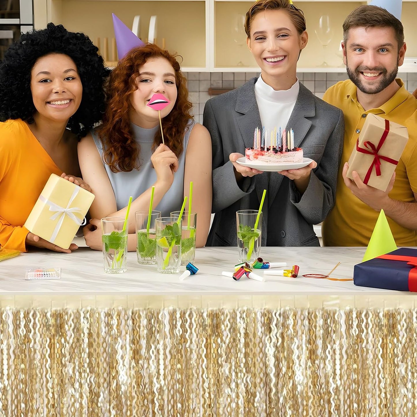 6 Pack 29x108 Inch Champagne Gold Wave Foil Fringe Table Skirts Metallic Banner for Tinsel Streamer Garland Backdrop for Parade Floats Wedding, Mother's Day, Birthday Mardi Gras Party Decorations