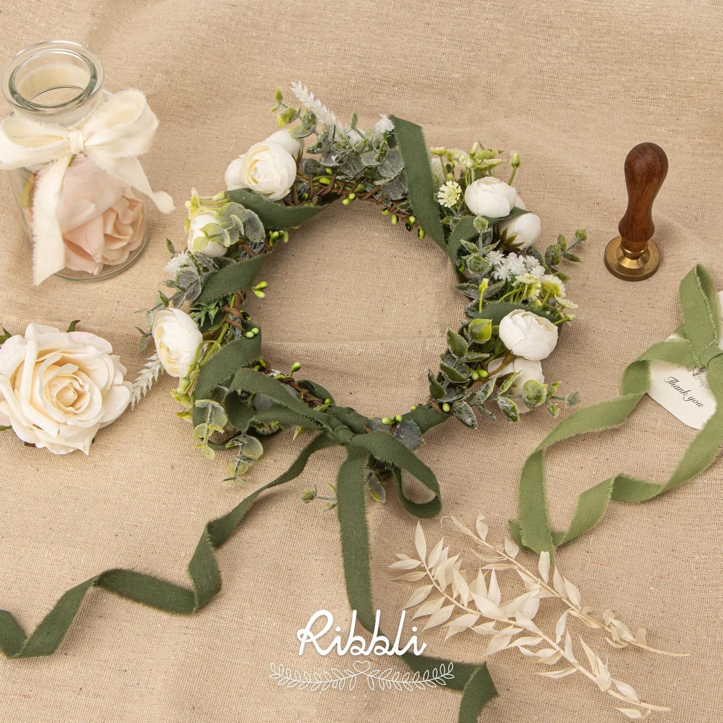 Ribbli 3 Rolls Green Ribbon 5/8 Inch x 18Yards Ivory Sage Moss Handmade Cotton Frayed Fringe Ribbons for Gift Wrapping Wedding Invites Bridal Bouquets Baby Shower DIY Crafts Home Decor