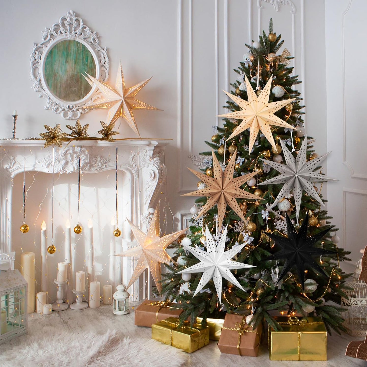 EASY JOY 5pcs 9-Pointed Paper Star Decoration Christmas Party Decorations Hanging Star Decoration Grey Brown Black 12 Inch 3D Paper Star Lantern for Christmas Home Party Wedding Birthday