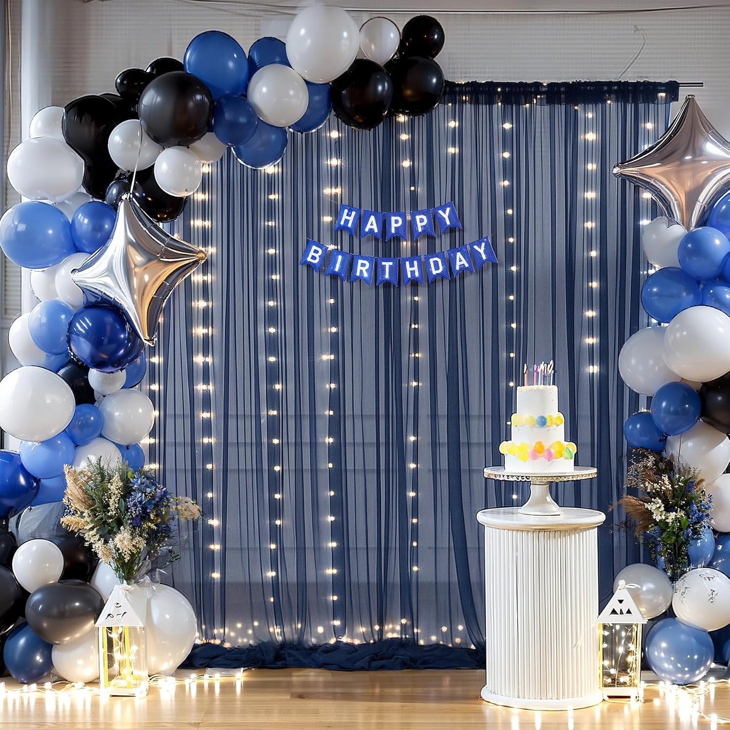 10×10ft Navy Blue Tulle Backdrop Curtain with Lights String for Parties, Sheer Photo Backdrop Curtains for Wedding Party Photography Background