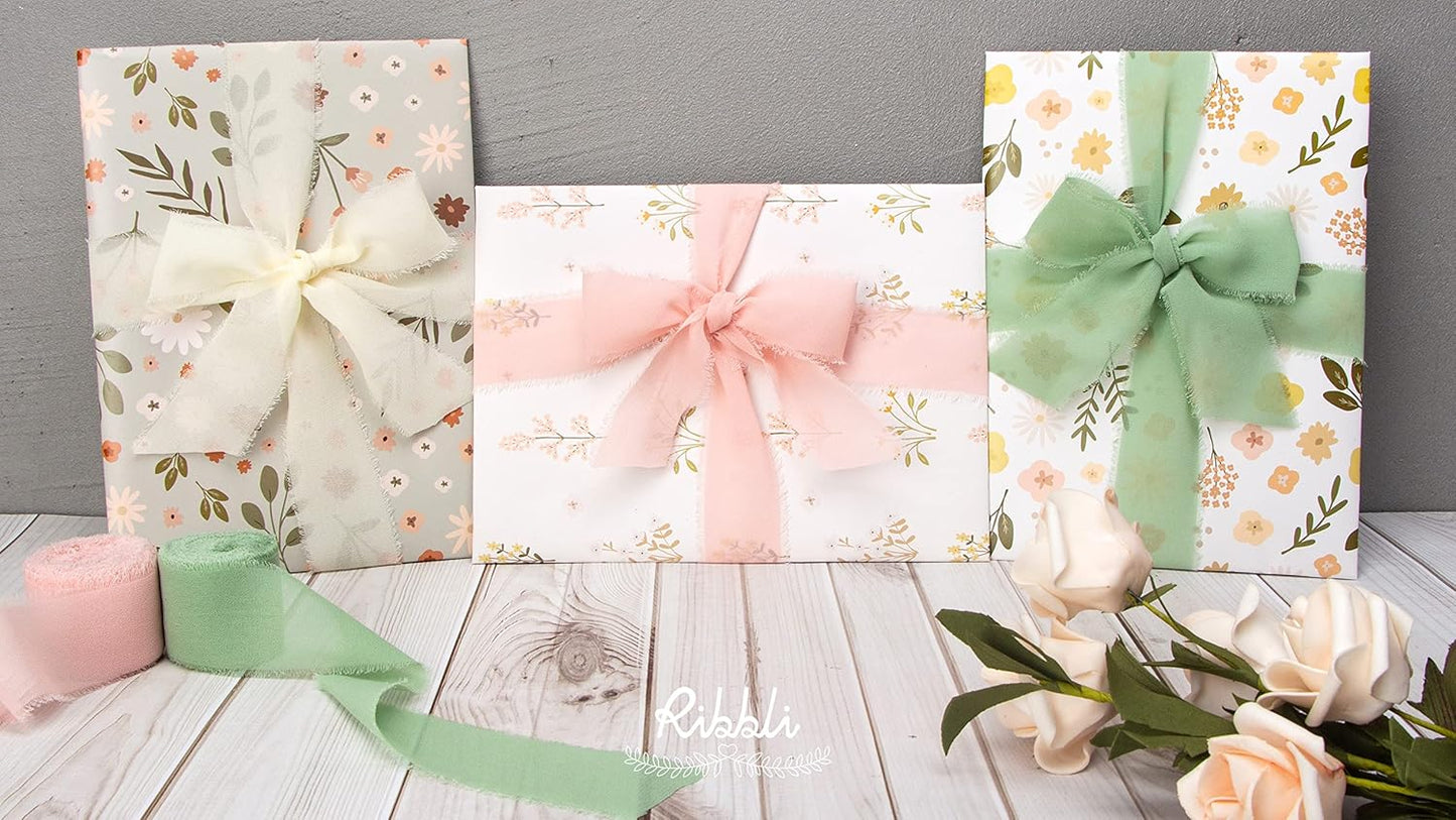 Ribbli Chiffon Ribbon 1.5 inch x 30 Yard Handmade Silk Ribbon, Ivory/Blush Pink/Sage Green Fringe Chiffon Ribbon for Wedding Invitations, Bridal Bouquets Wrapping, Flower Arrangement Decoration