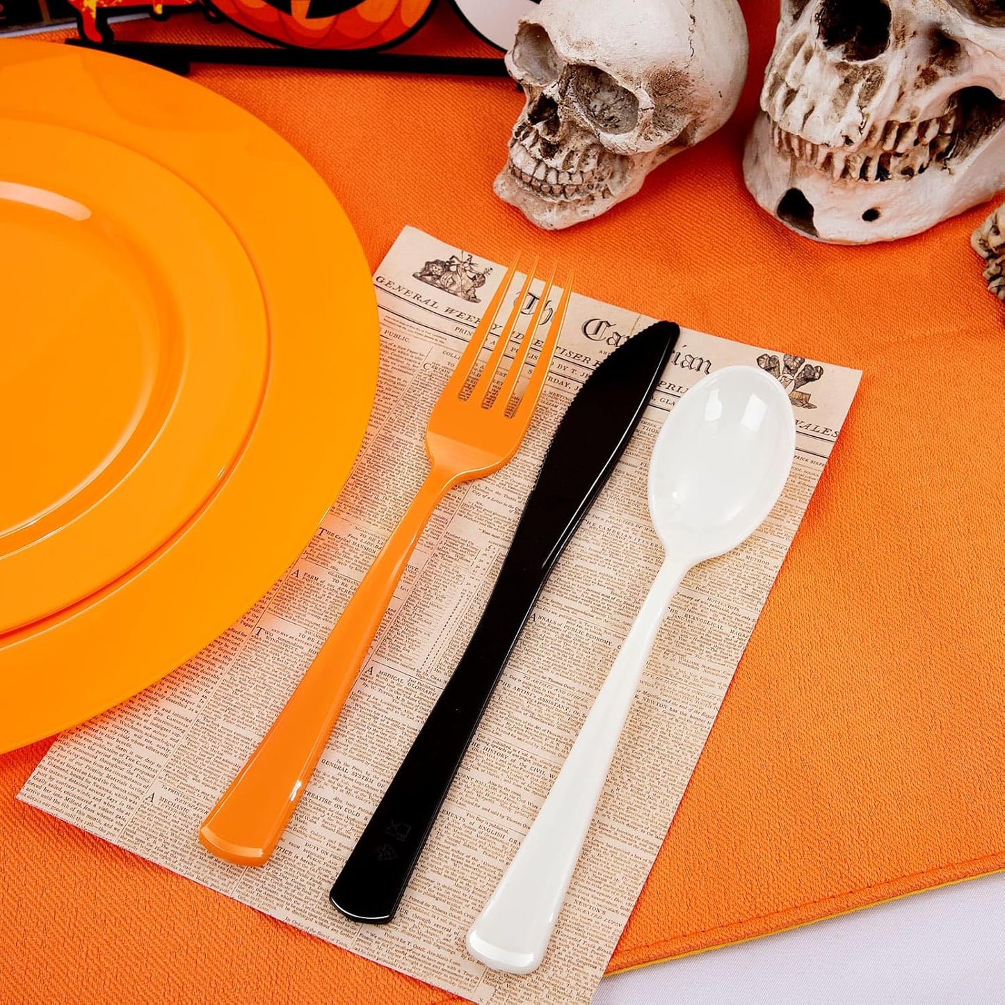 NOCCUR 180PCS Halloween Plastic Silverware Set - Tricolor Flatware Disposable Supplies Include 60 Black Knives, 60 Orange Forks, 60 White Spoons - Ideal for Halloween Party