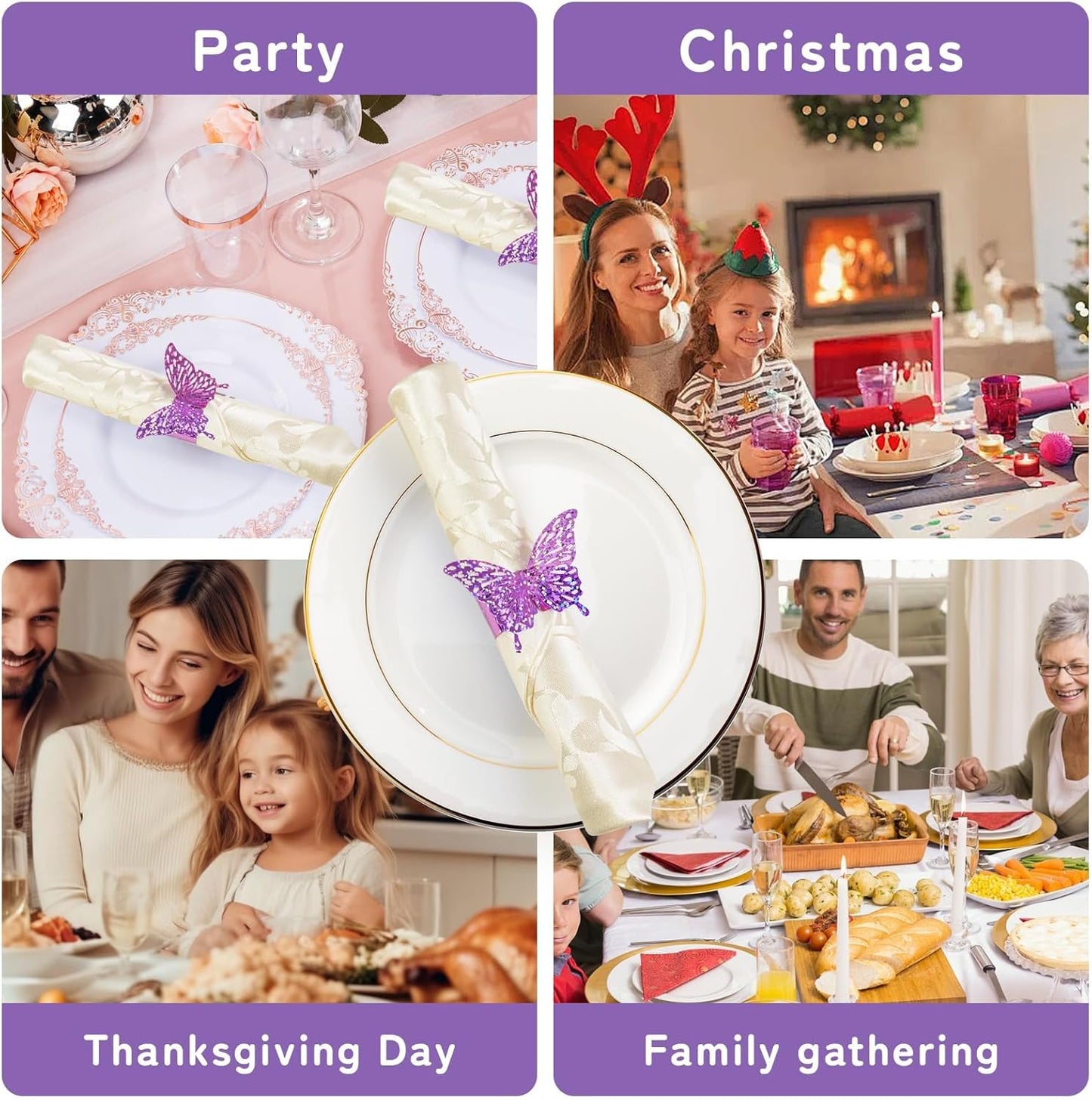 100 Pcs 3D Purple Sequined Butterfly Napkin Rings Silverware Wraps Bands,Iridescent Table Setup Wedding Valentines Day Event Party Supply Table Settings, Glossy Serviette Buckles Decor(Purple)