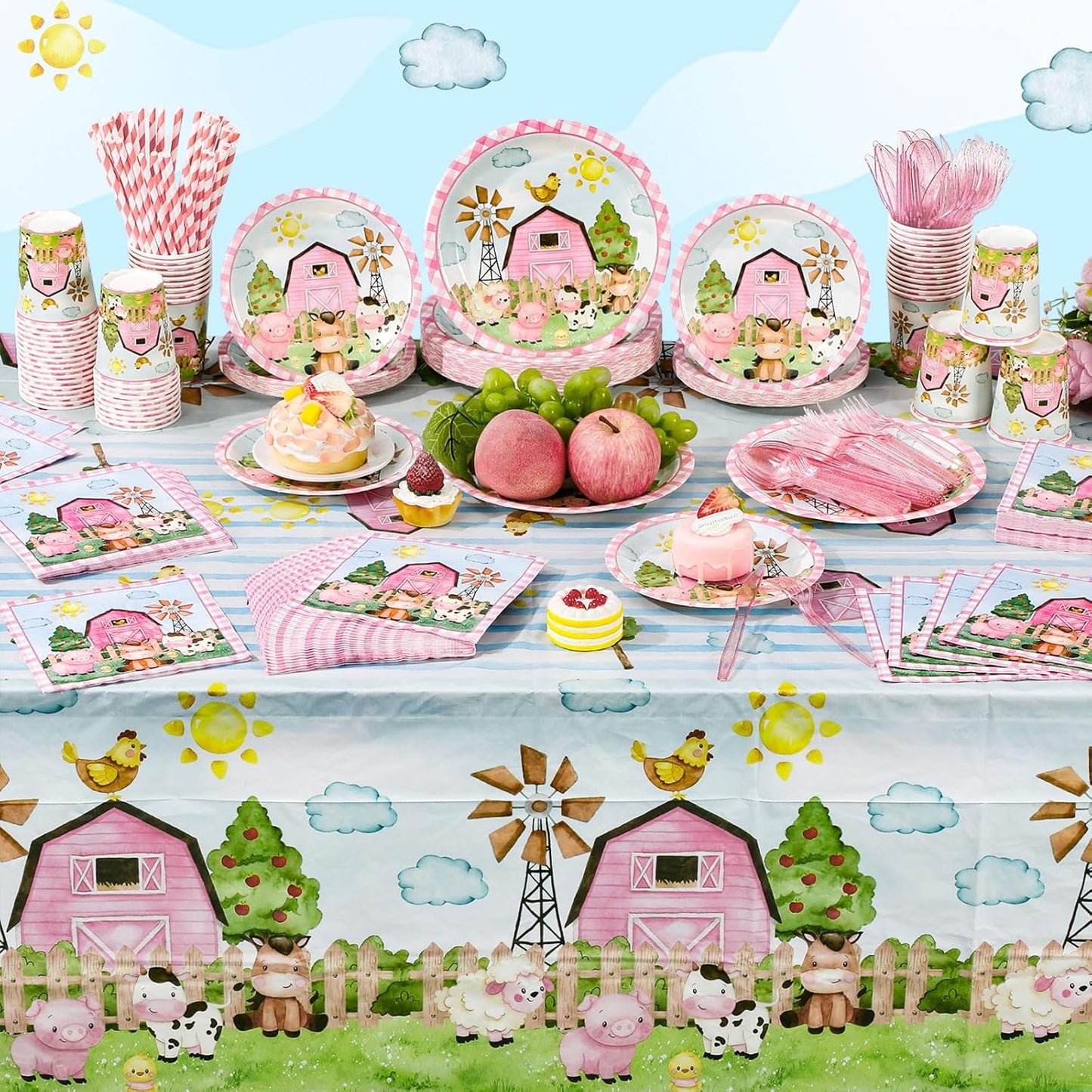 452 Pcs Pink Farm Animal Birthday Decorations for 50, Barnyard Animal Paper Plates Napkins Cups Tablecloth Cutlery Straws Barn Farm Tableware Set for Birthday Baby Shower Party Supplies