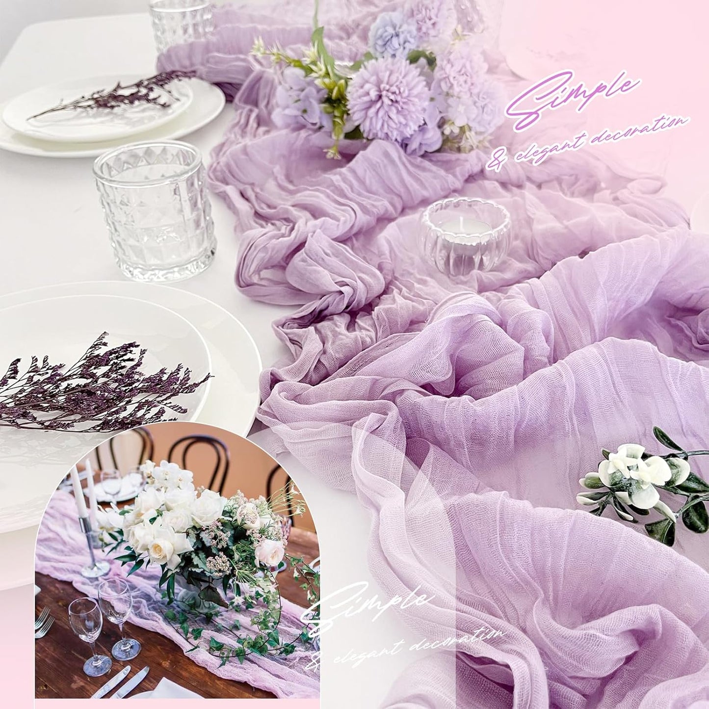 Aktor 4 Pack Lavender Table Runner Boho Cheesecloth Table Runner Semi Sheer Gauze Fabric Runners for Wedding Birthday Baby Shower Party Boho Table Decoration(Lavender)