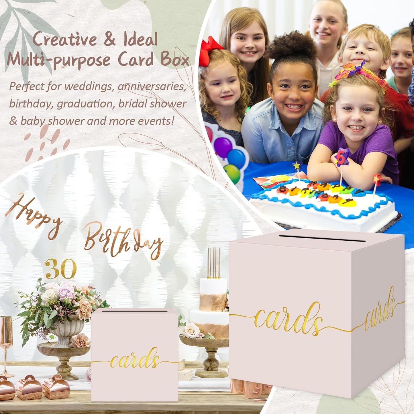 QIKSION Blush Pink Wedding Card Box, Rose Gold Foil Gift Card Box for Party, Wedding Reception, Graduation, Birthday, Baby Shower, Raffle