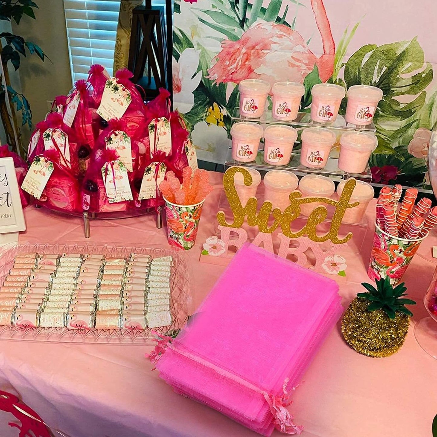 ANZNKU 100 Pack 4x6 inches Pink Drawstring Organza Mesh Bags, Wedding Favor Gift Bags For Party, Festival, Christmas, Sheer Organza Favor Candy Bag