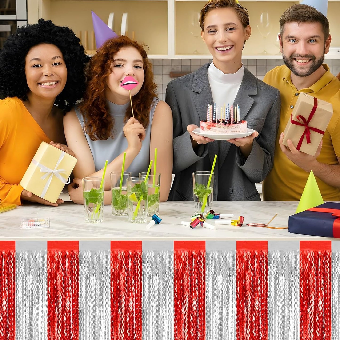 6 Pack 29x108 Inch Red Silver Wave Foil Fringe Table Skirts Metallic Banner for Tinsel Streamer Garland Backdrop for Parade Floats Wedding, Mother's Day, Birthday Mardi Gras Party Decorations