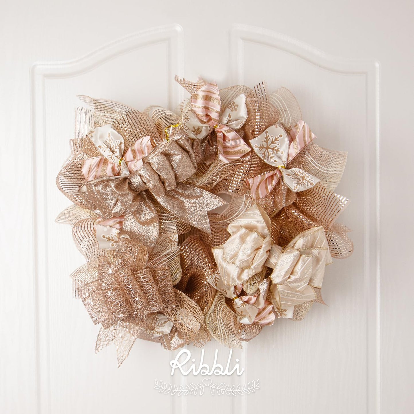 Ribbli 2 Rolls Rose Gold Mesh Ribbon,10 inch x 30 feet(10Yard) Each Roll,Metallic Rose Gold with Wide Foil,Valentine's Day Ribbon for Wreath Swags and Decorating