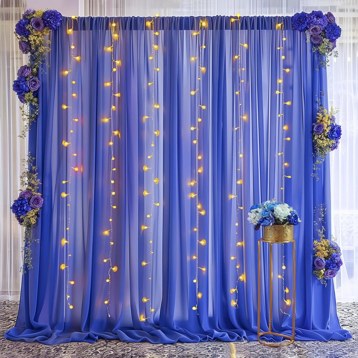 30×10ft Navy Blue Tulle Backdrop Curtain with Lights String for Parties, Sheer Photo Backdrop Curtains for Wedding Party Photography Background