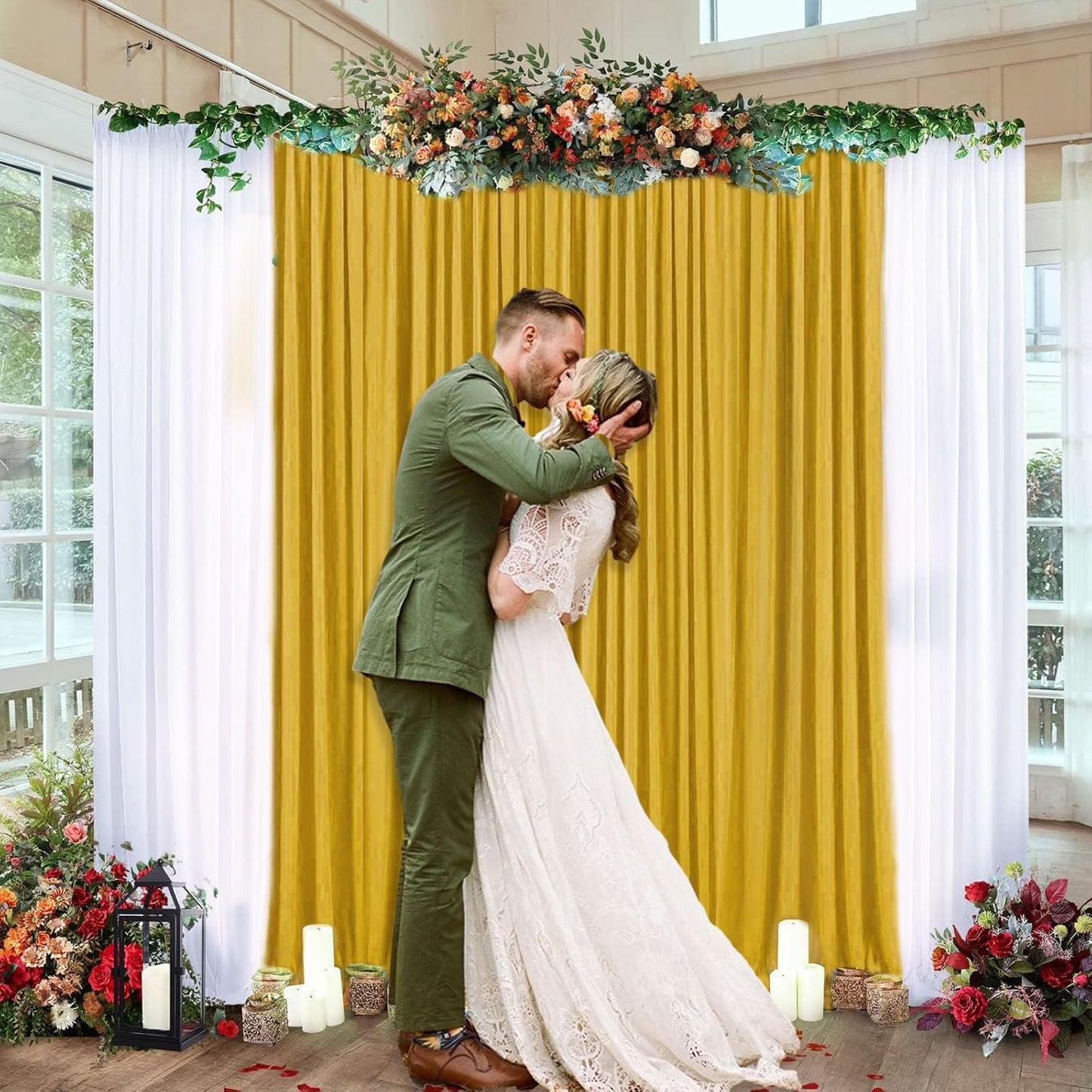 10 x 7 Feet Gold Backdrop Curtain for Partie, Background Curtains for Photoshoot, Birthday, Wedding, Halloween, Thanksgiving, Christmas Day, New Year Party Decorations 5Ft x 7Ft, 2 Panels