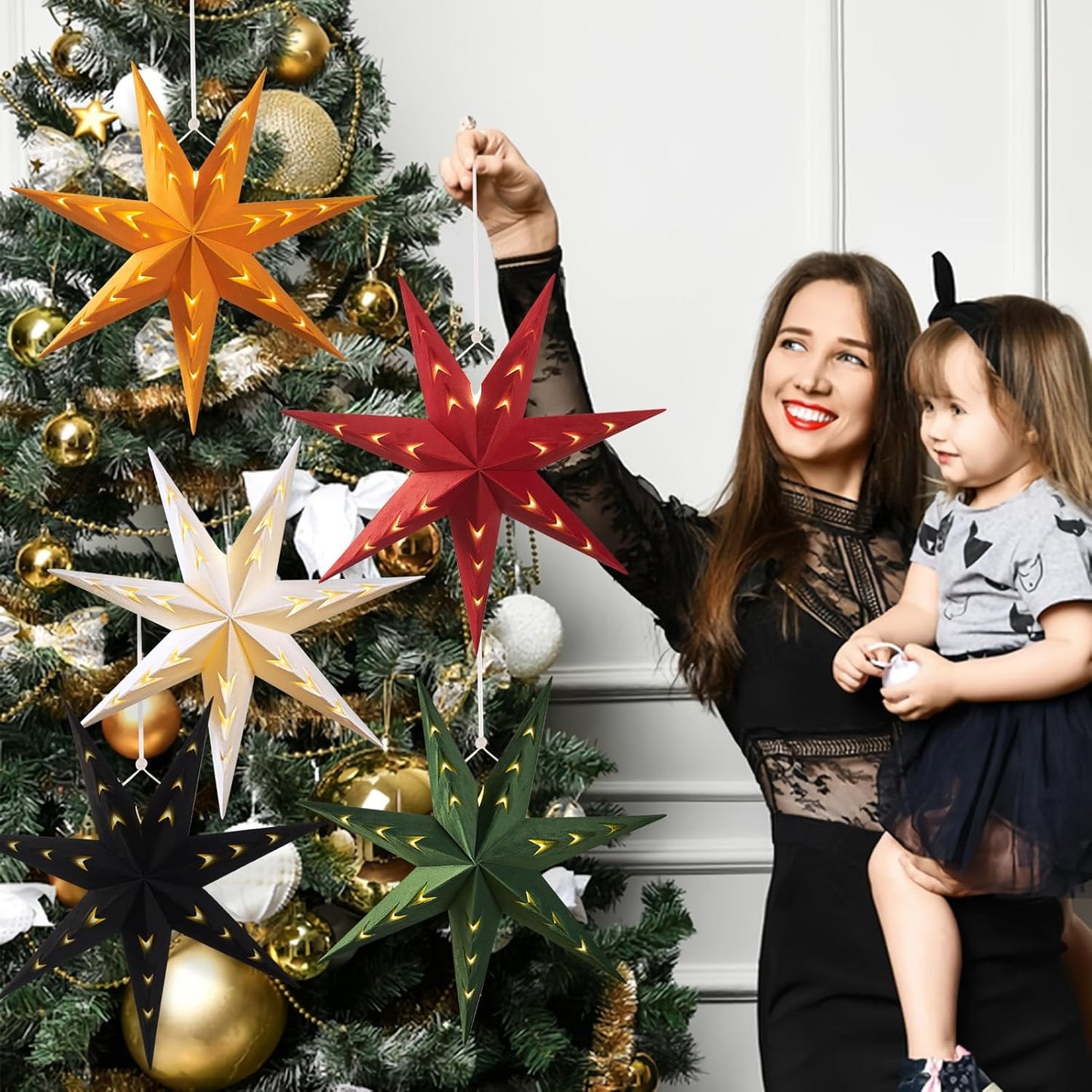 EASY JOY 5-Piece 7-Pointed Paper Star Decoration With Light - 12 Inch 3D Paper Star Lantern for Christmas, Home, Party, Wedding, Birthday