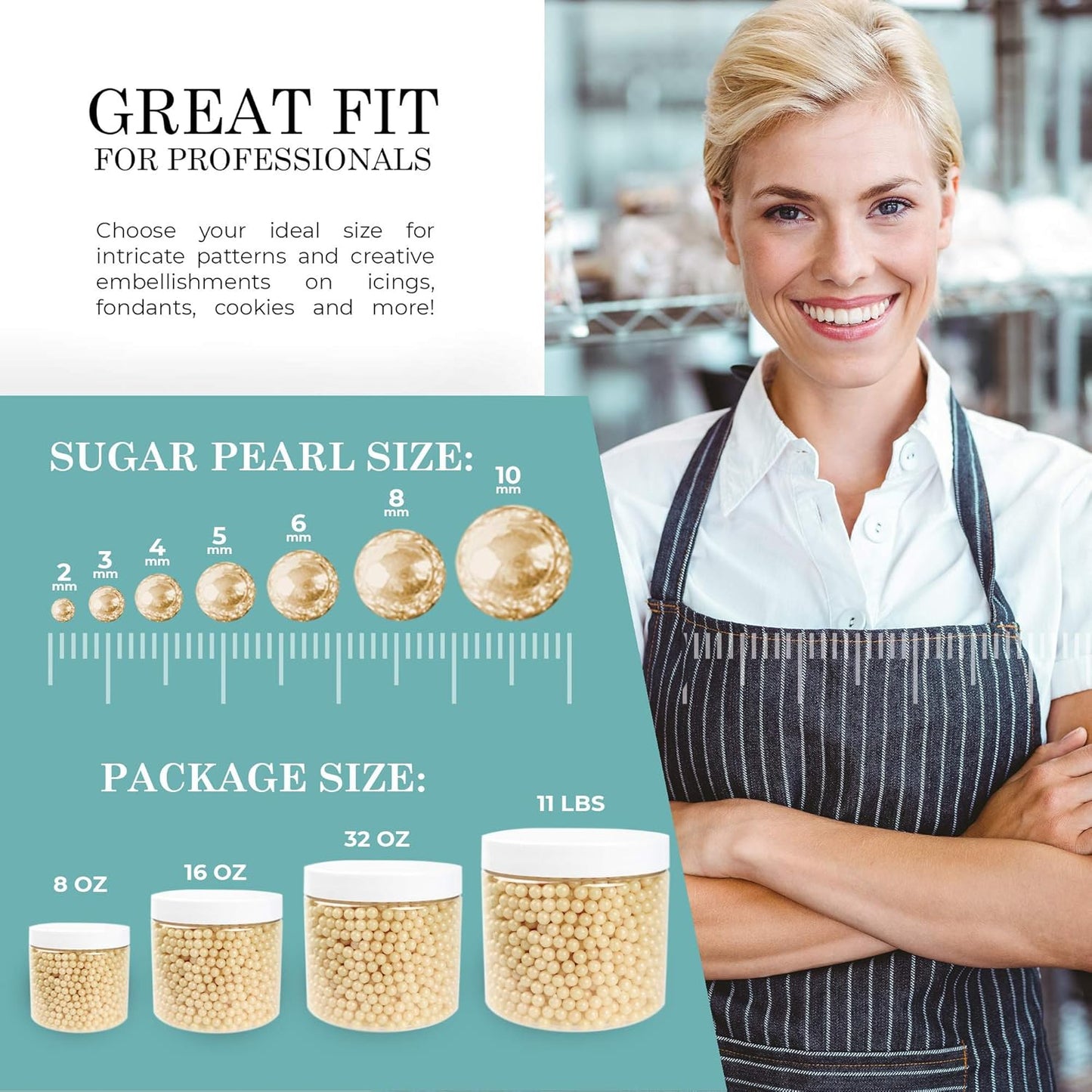 O'Creme Ivory Edible Sugar Pearls Cake Decorating Supplies for Bakers: Cookie, Cupcake & Icing Toppings, Beads Sprinkles For Baking, Certified, Candy Sugar Ball Accents (6mm, 16 Oz)