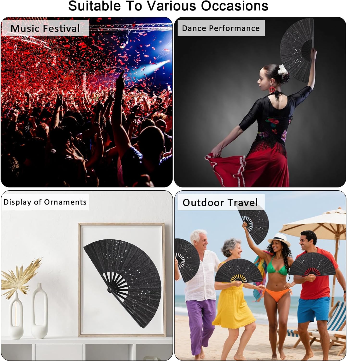 Glitter bling Large Folding Fan-Hand Fan Rave Clack Popping Fan for Line Dancing Clacking Fans for Boots On The Ground Dance, Party for EDM, Music Festival, Hot Flashes, Party, Decoration(1pcs black)