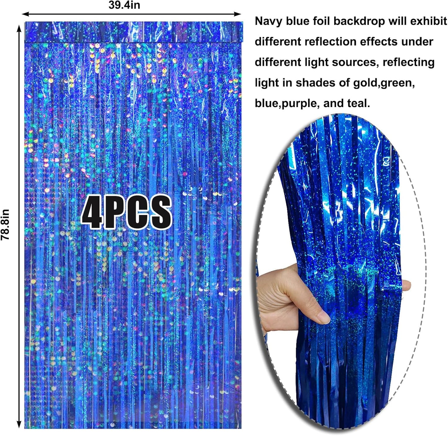 4 Packs Blue Foil Fringe Curtain, Navy Blue Metallic Tinsel Backdrop for Birthday, Wedding, Baby Shower, Bachelorette, Graduation, Galaxy Space Party Decorations Supplies