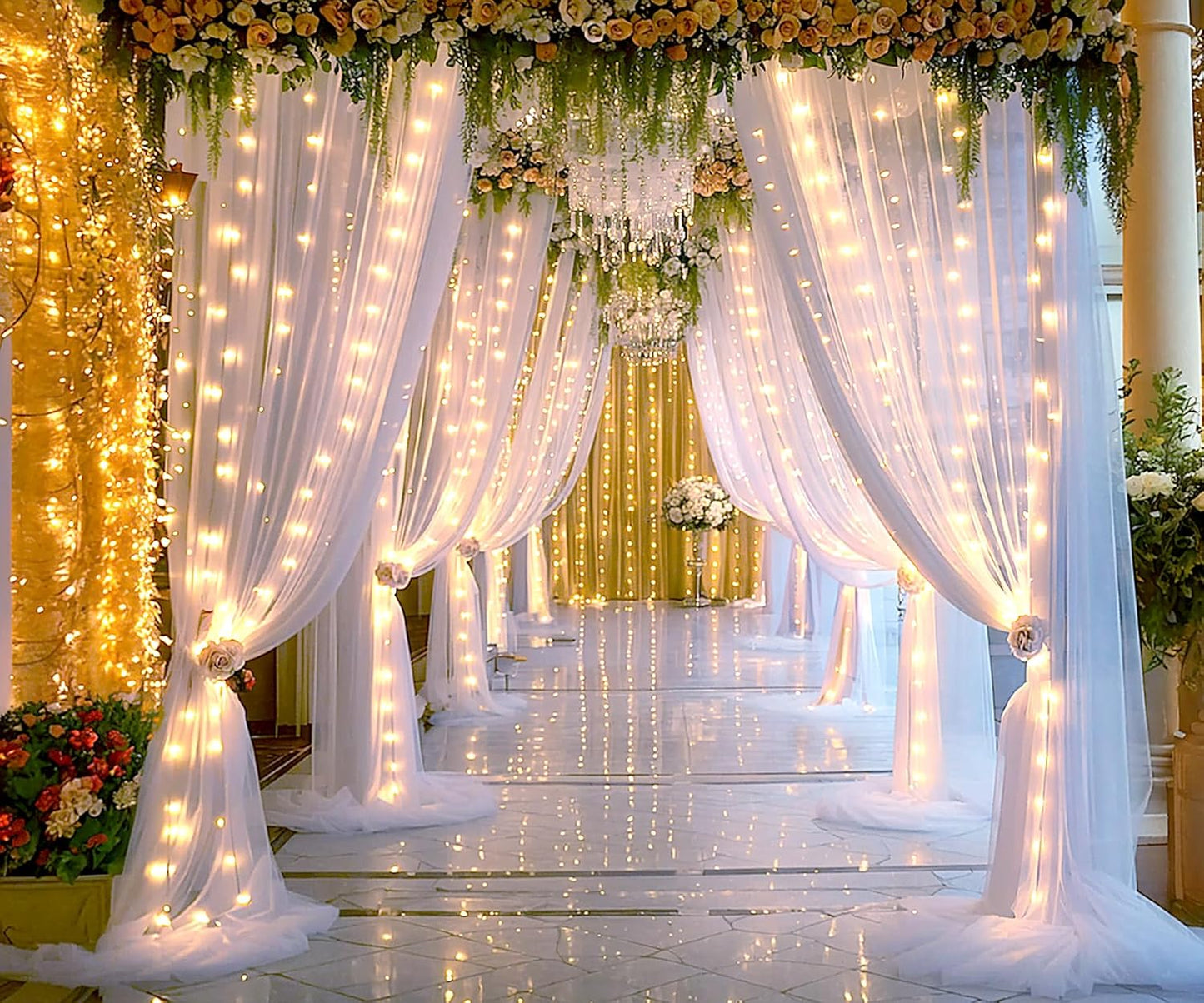 White Tulle Backdrop Curtain with Lights String for Parties Wedding Bridal Shower Sheer White Curtain Backdrop for Birthday Baby Shower Photo Booth Photography Background Decorations 20ft x 10ft