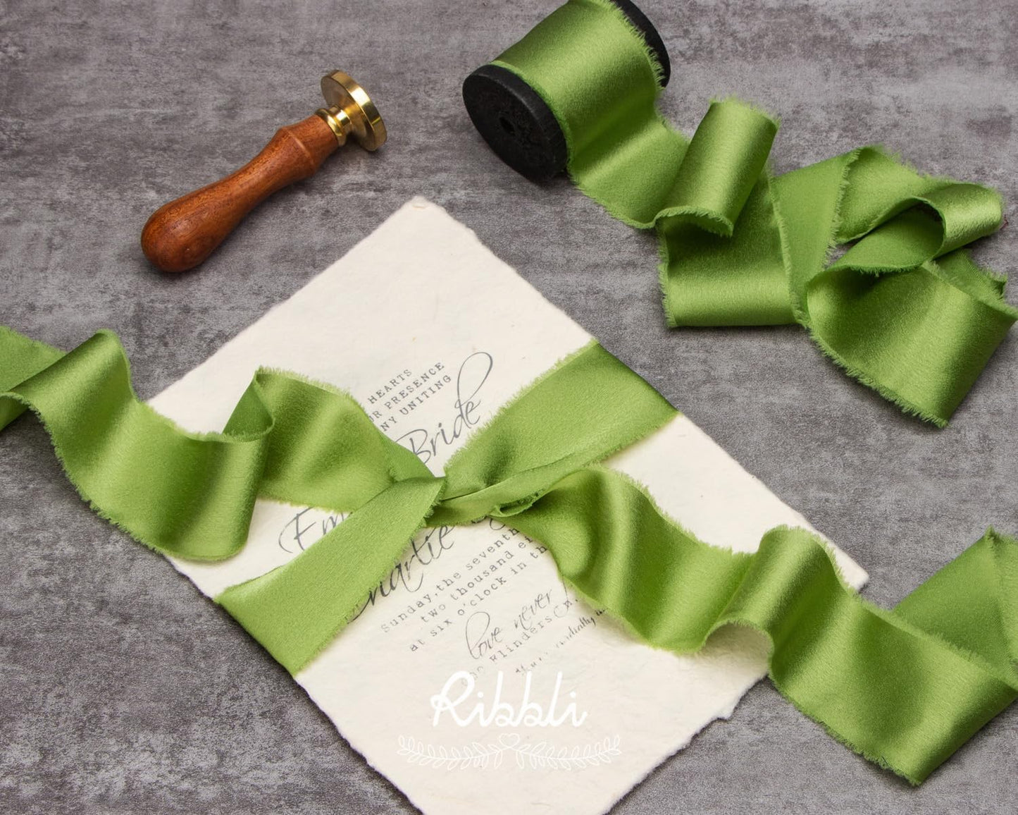 Ribbli Avocado Green Silk Satin Ribbon - 1.5 Inch x 12 Yard Handmade Frayed Chiffon Ribbon with Wooden Spool for Gift Wrapping, Wedding Invitations, Bridal Bouquets & Home Decor