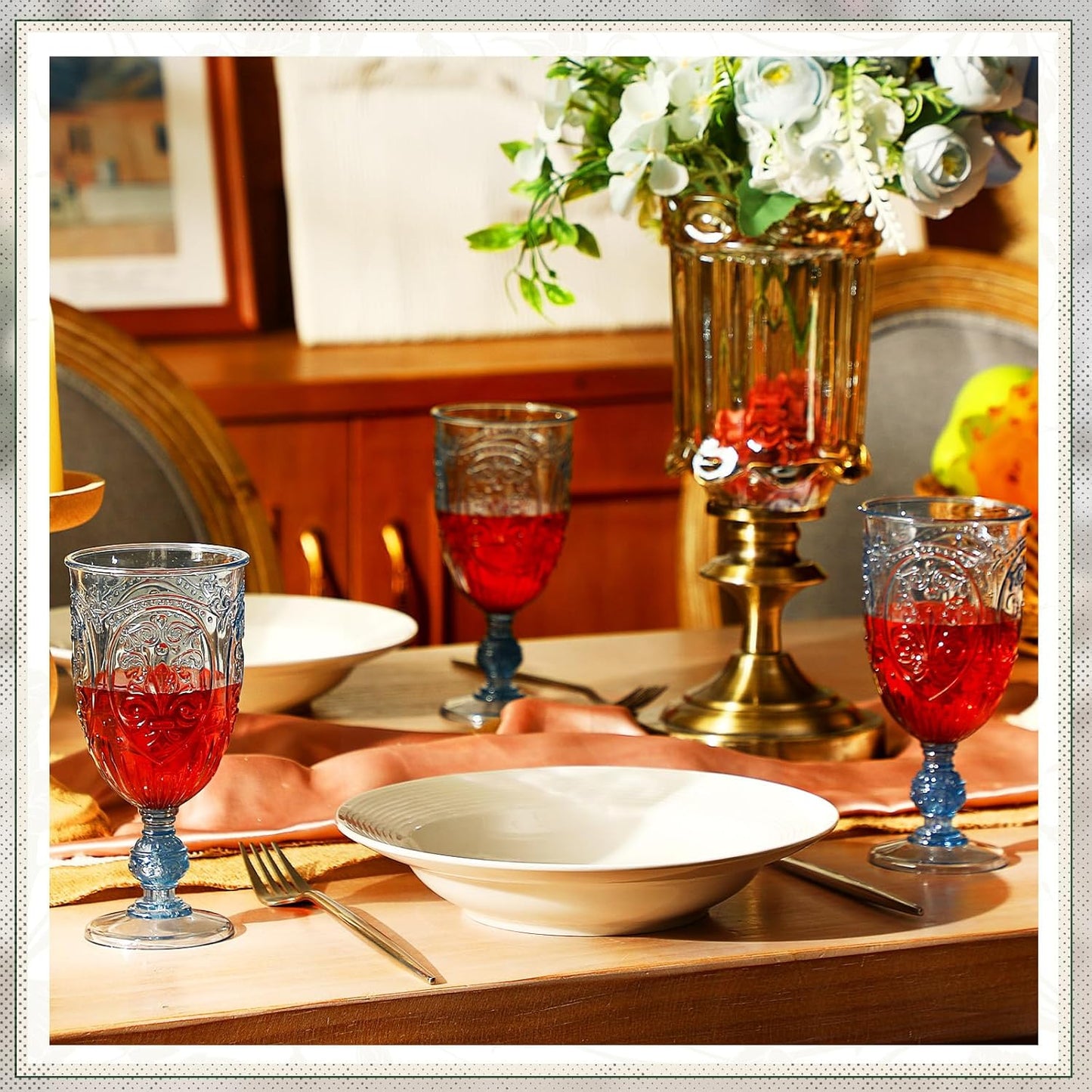 60 Pack Plastic Goblets 10oz Upgrade Vintage Water Goblet Plastic Wine Glasses Colored Retro Embossed Glassware for Party Wine Bar Juice Baby Shower Wedding Reception Grand (Blue)