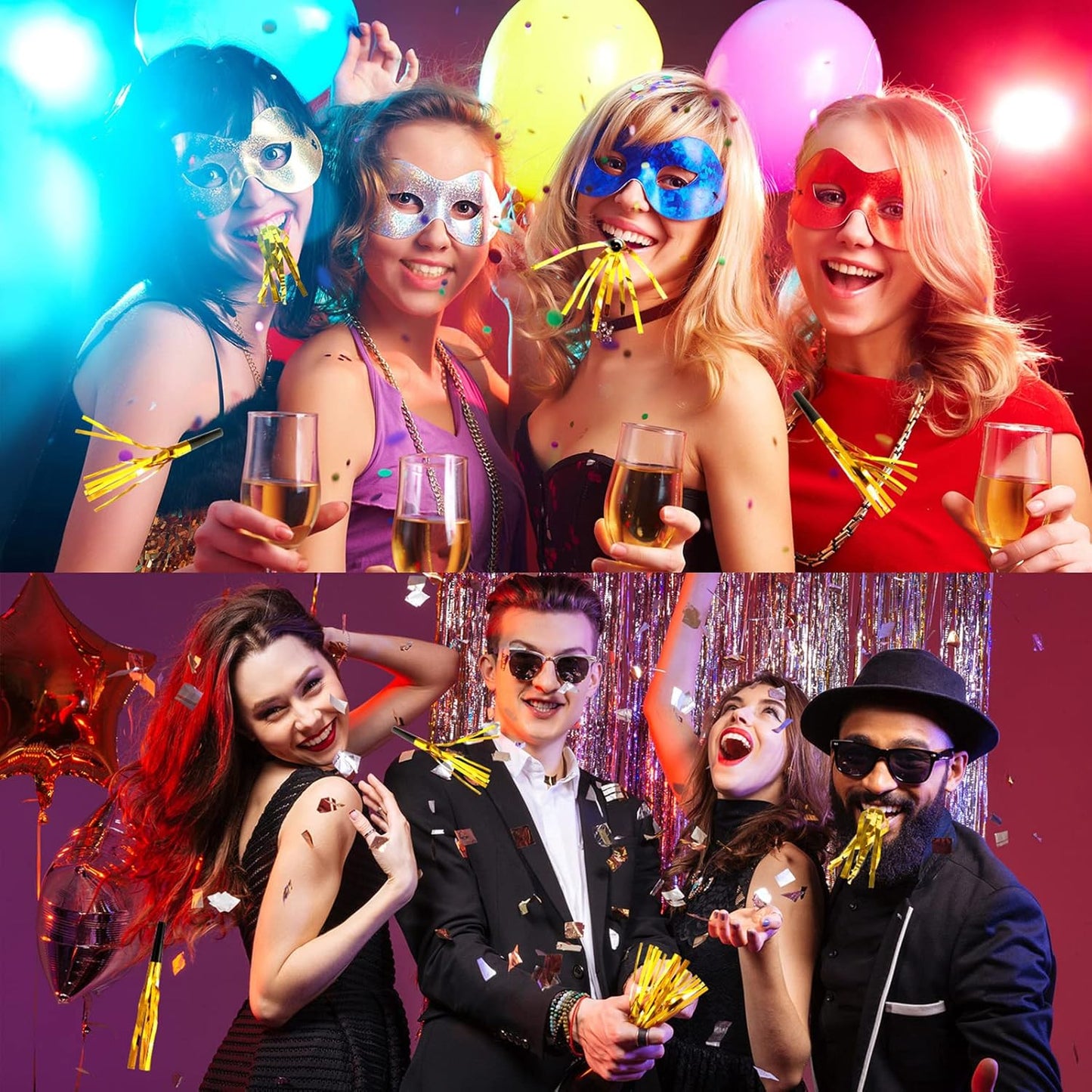 200 Pcs Party Blowers Noise Makers Party Horns Blowout Clappers Noisemakers for Halloween Christmas Birthday Sporting Party New Year's Eve Party Supplies 2025(Black Gold)