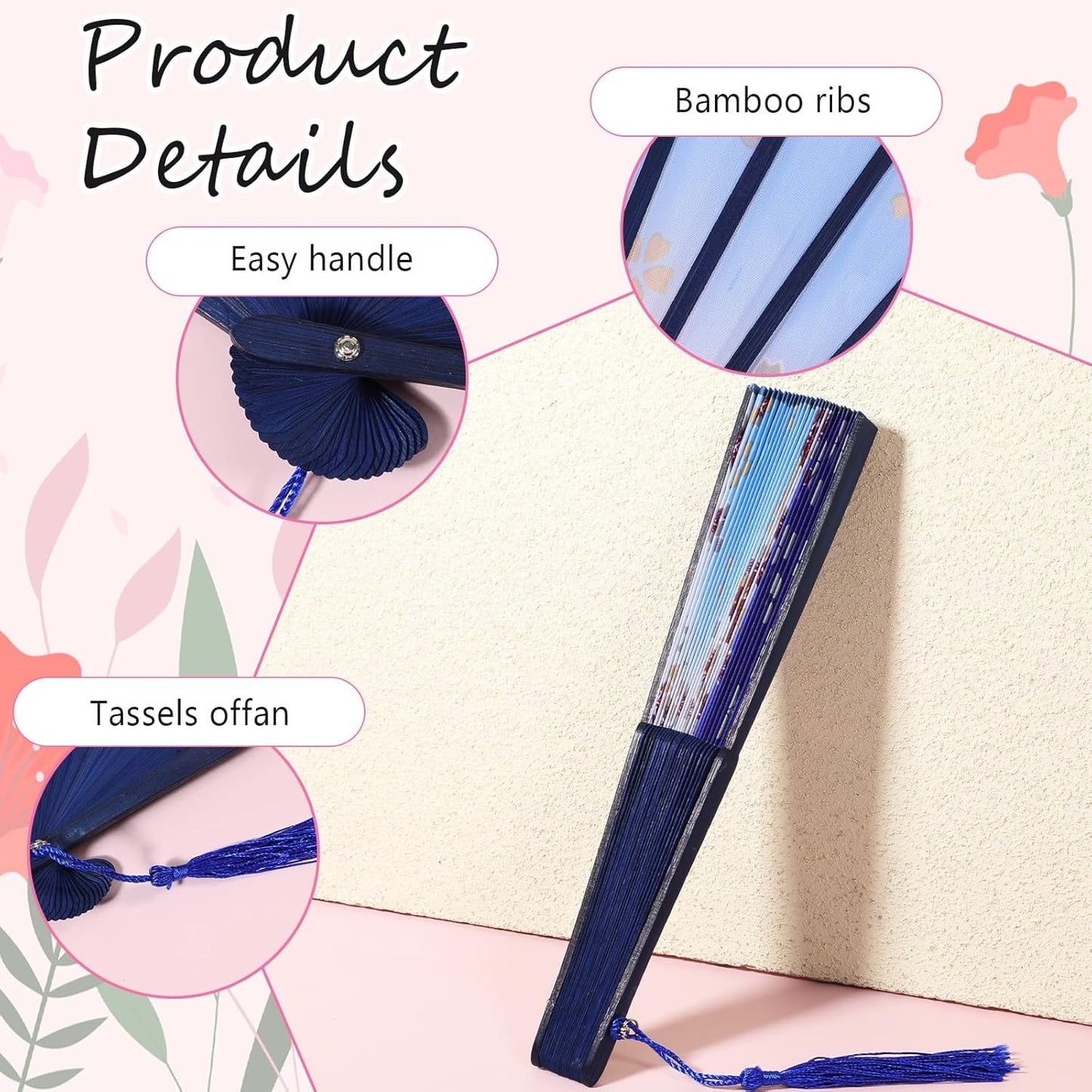 12 Pcs Fans for Line Dancing Vintage Silk Floral Folding Fan Chinese Hand Fans for Women Bulk Bamboo Handheld Fan with Tassel for Wedding Party Cosplay Supplies