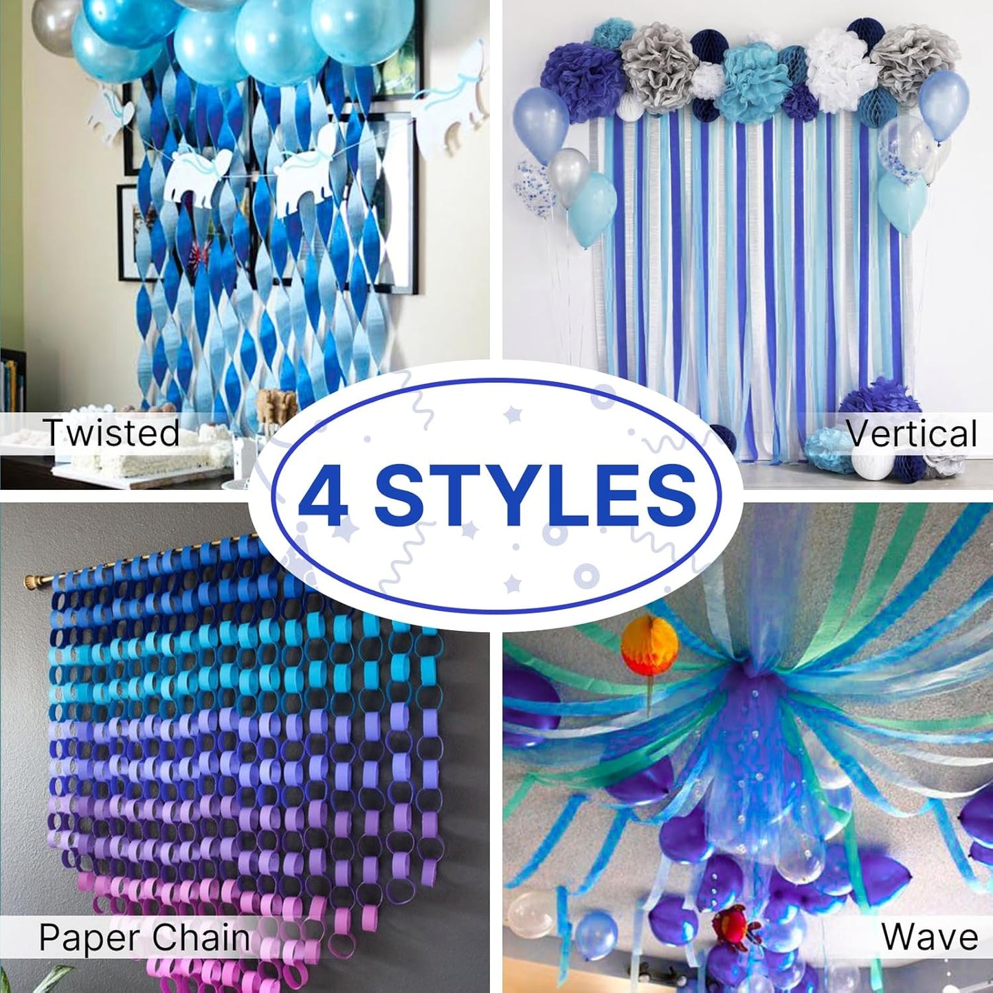 PartyWoo Blue Crepe Paper Streamers 4 Rolls 328 ft Pack of Royal Blue Crepe Paper Rolls for Graduation Wedding Baby Shower Gender Reveal Birthday Party Decorations (1.8 Inch x 82 Ft/Rolls)