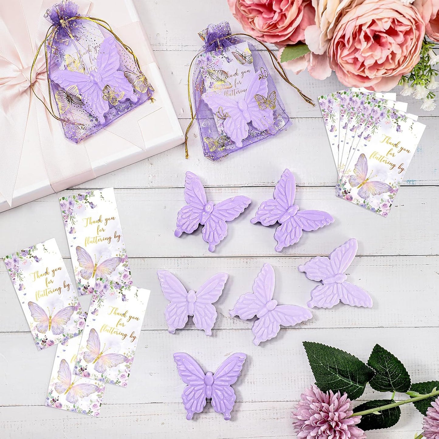 Dunzy 30 Sets Butterfly Theme Baby Shower Favors for Guests Butterfly Soap Favors with Thanks You Cards Gift Bags Gender Reveal Baptism Party Decorations Wedding Bridal Souvenirs (Purple,Light Purple)