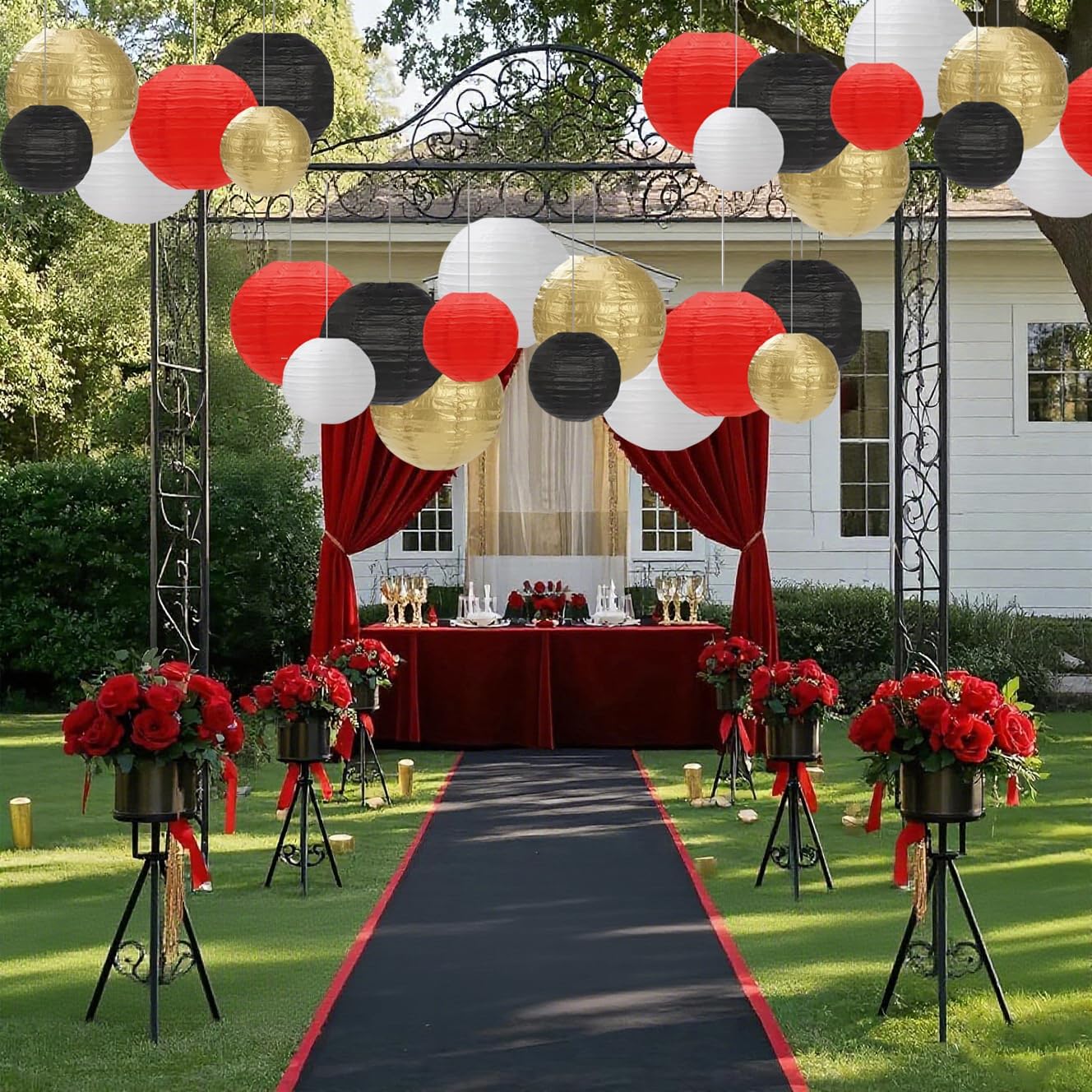 Black Red White Paper Lanterns Decorative 12pcs Party Hanging Decorations for Party Bridal Shower Wedding Baby Shower Graduation Anniversary Room Decor
