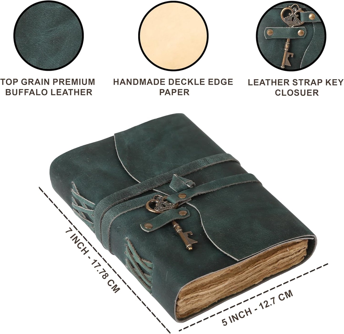 Leather Journal with Lined and Unlined Deckle Edge Paper 8x6 inch and Vintage Key | Handmade Writing Notebook Diary | Bound Daily Notepad for Men & Women Medium, Sketch/Writing pad for Artists