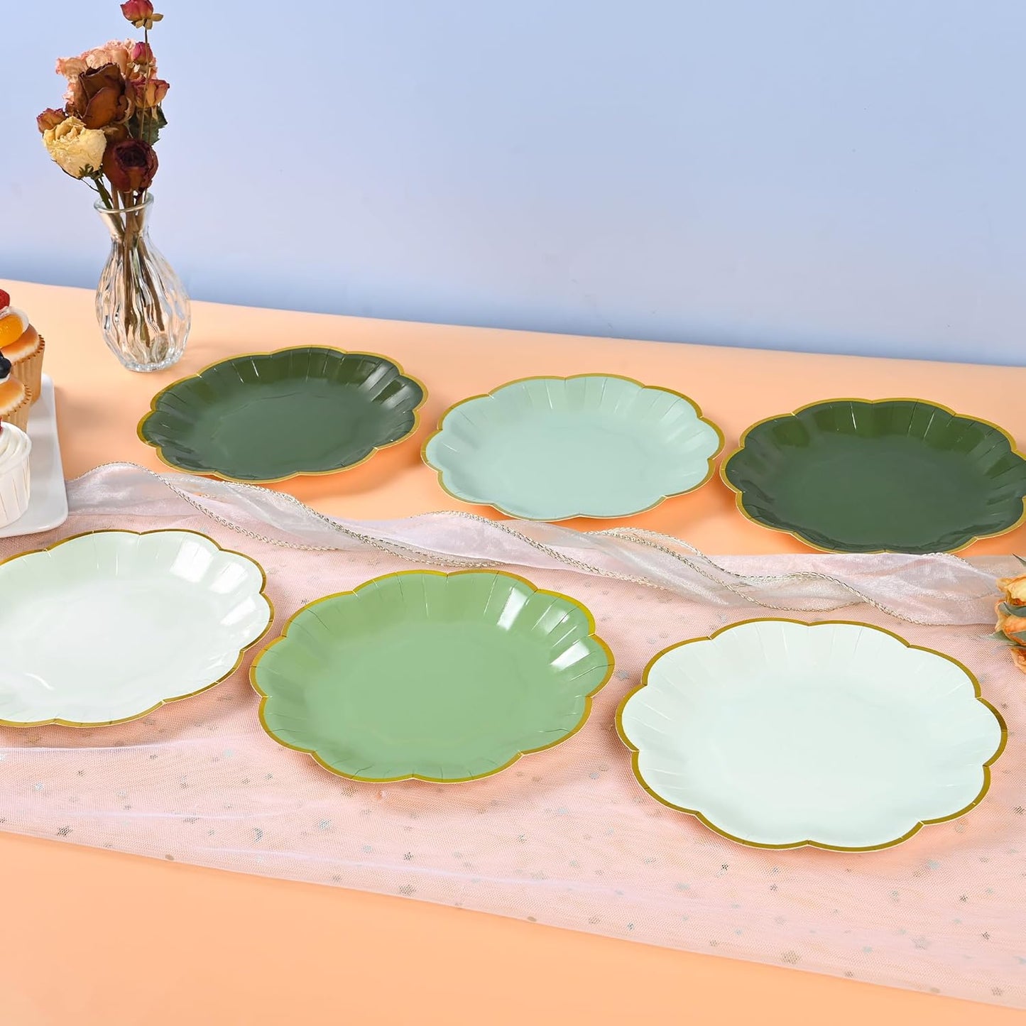 Sage Green Party Plates Gradient Green Dessert Paper Plates 7inch Gold Foil Scalloped Edge Disposable Cake Plates for Birthday Bridal Baby Shower Wedding Party Supplies (24)